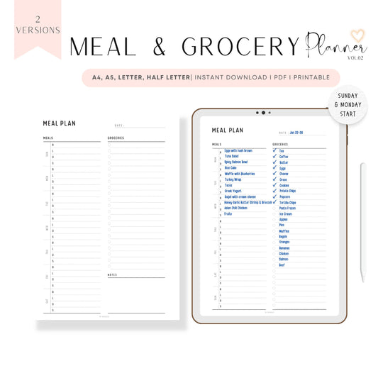 Weekly Meal Planner & Grocery List Template Printable, A4, A5, Letter, Half Letter, 2 versions, Sunday and Monday Start Included