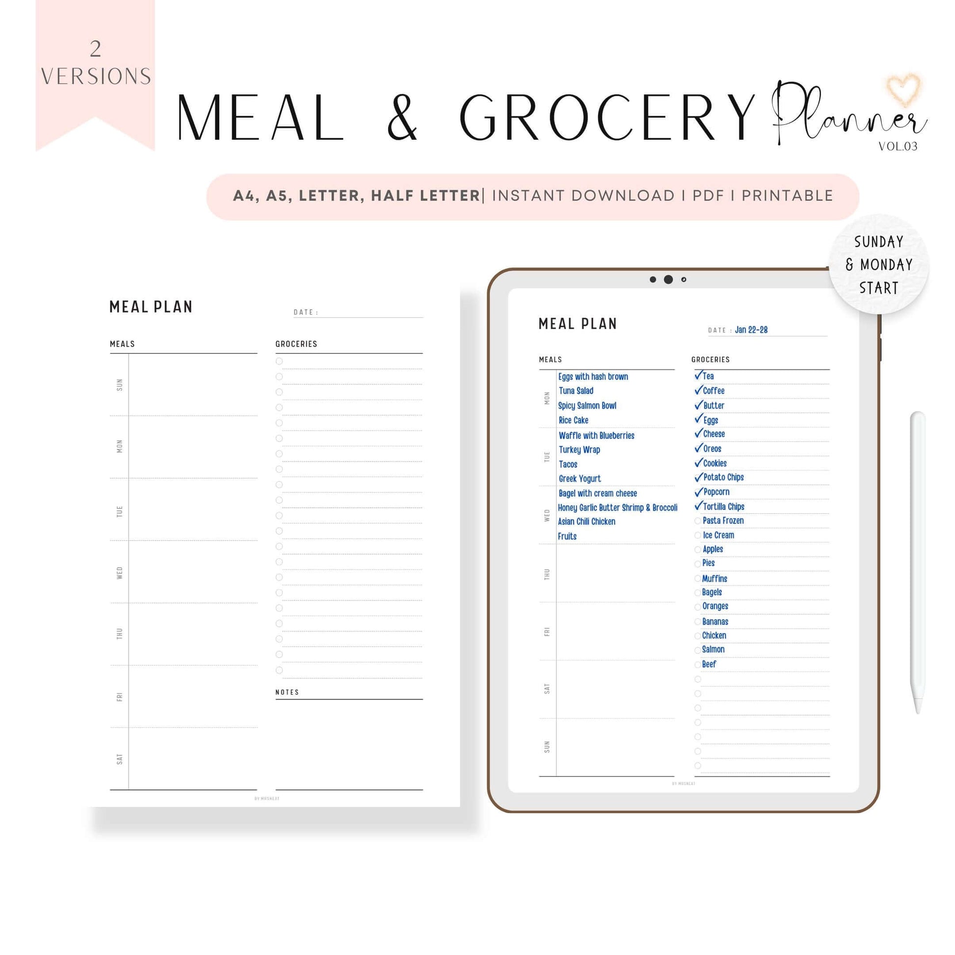 Weekly Meal Planner & Grocery List Template Printable, A4, A5, Letter, Half Letter, 2 versions, Sunday and Monday Start Included