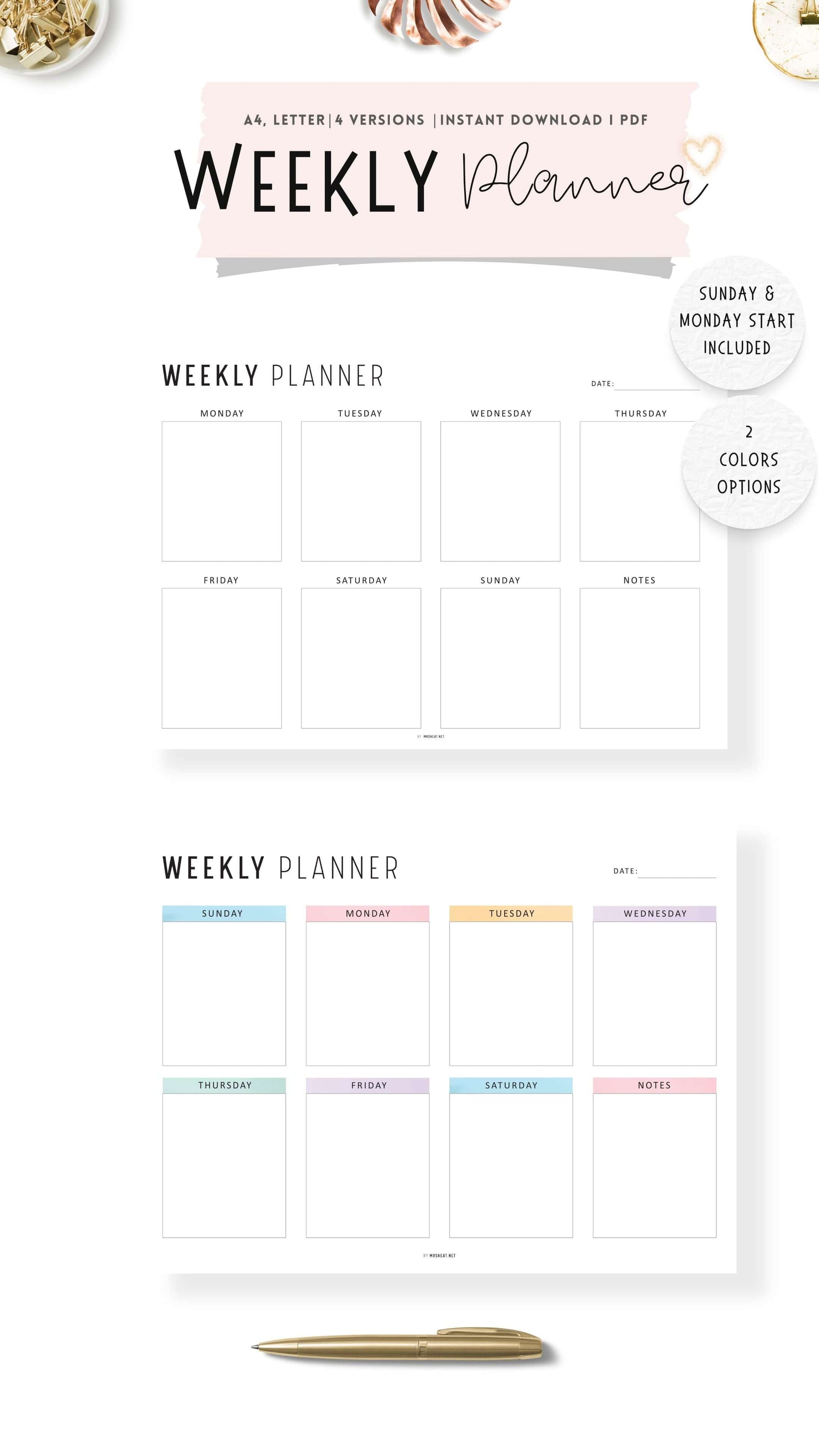 Landscape Minimalist Weekly Planner Printable, 4 Versions, A4 & Letter size, Sunday and Monday start Included, Colorful and Minimalist Style Options
