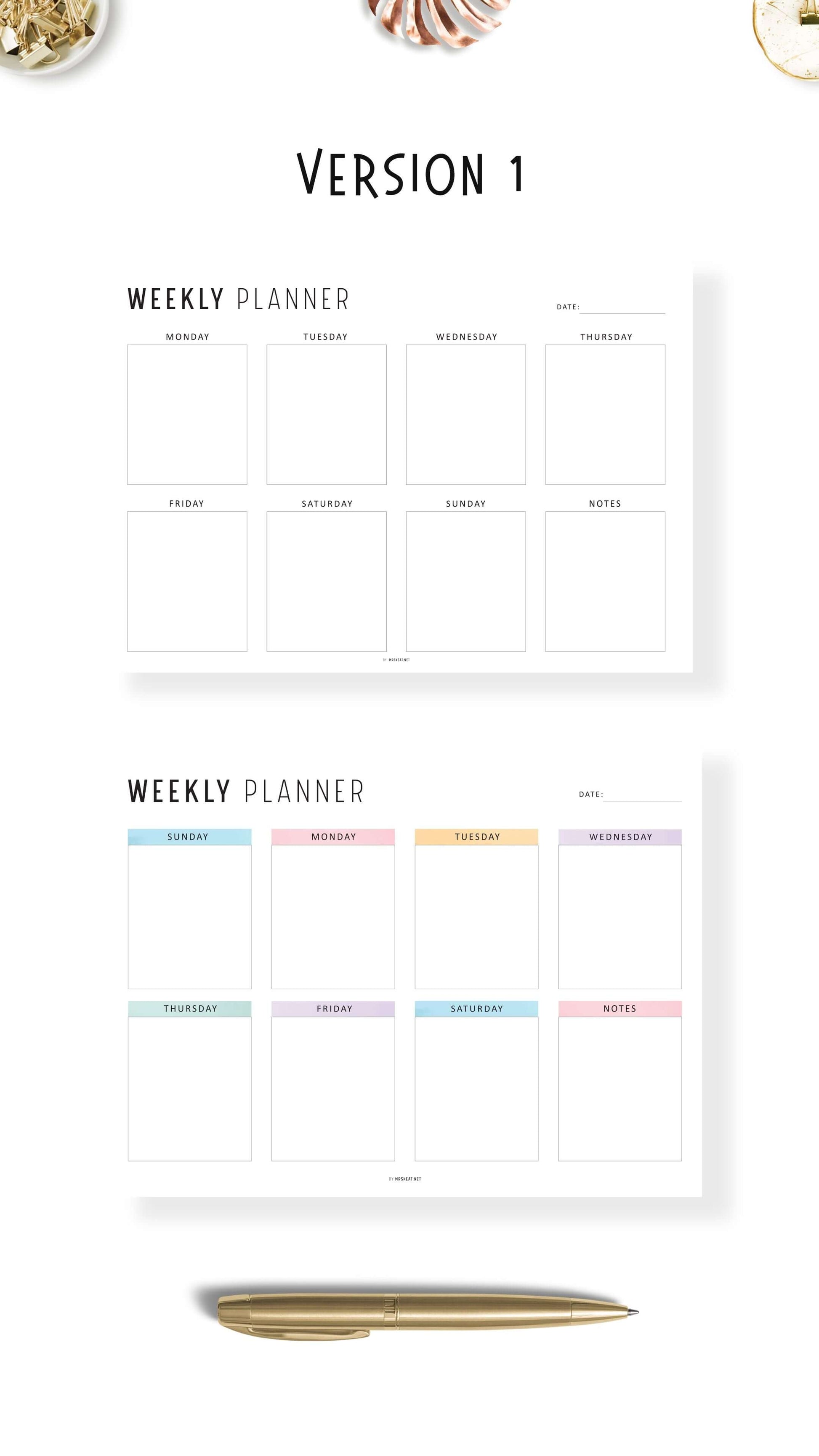 Landscape Minimalist Weekly Planner Printable, 4 Versions, A4 & Letter size, Sunday and Monday start Included, Colorful and Minimalist Style Options