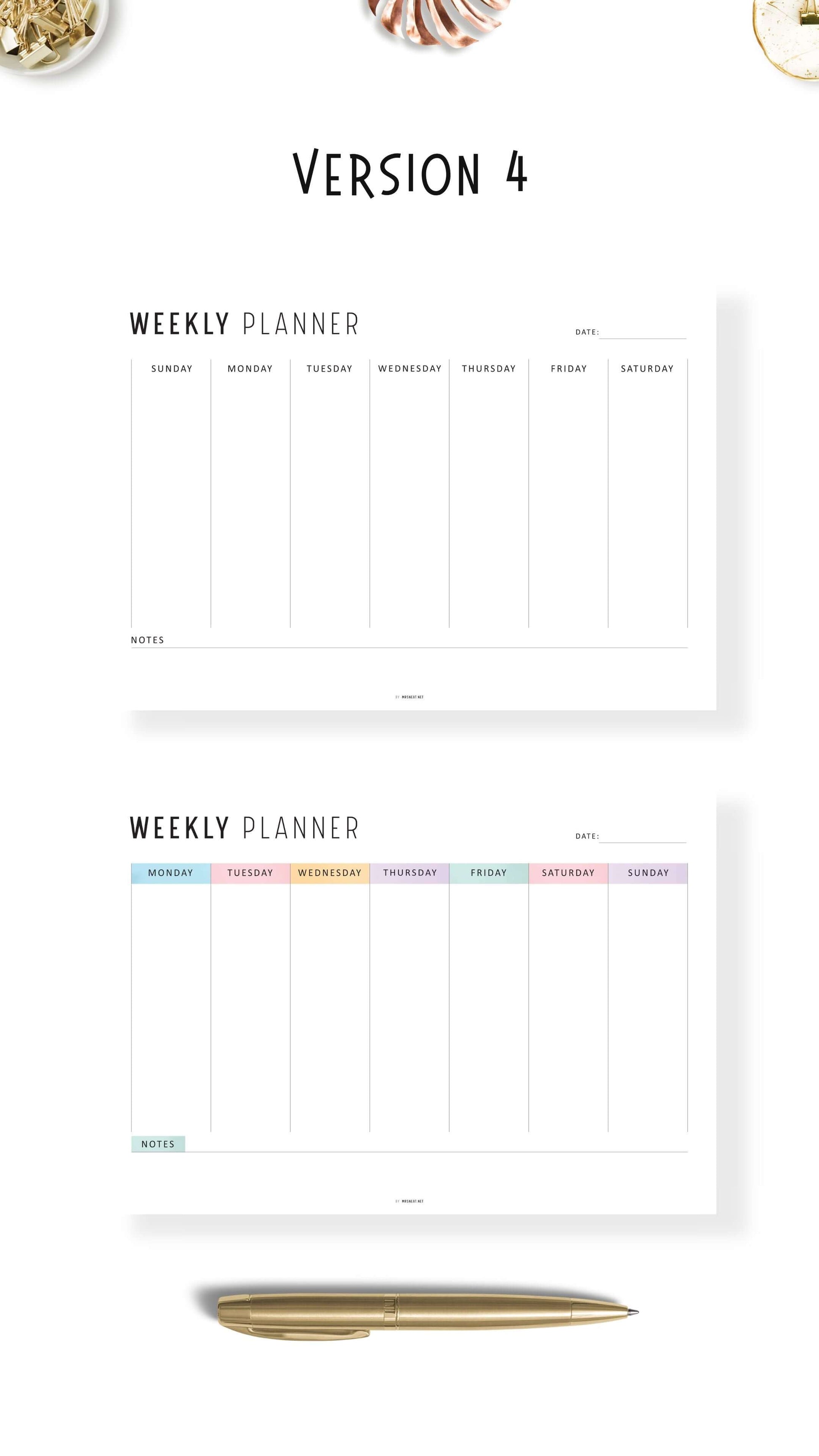 Landscape Minimalist Weekly Planner Printable, 4 Versions, A4 & Letter size, Sunday and Monday start Included, Colorful and Minimalist Style Options
