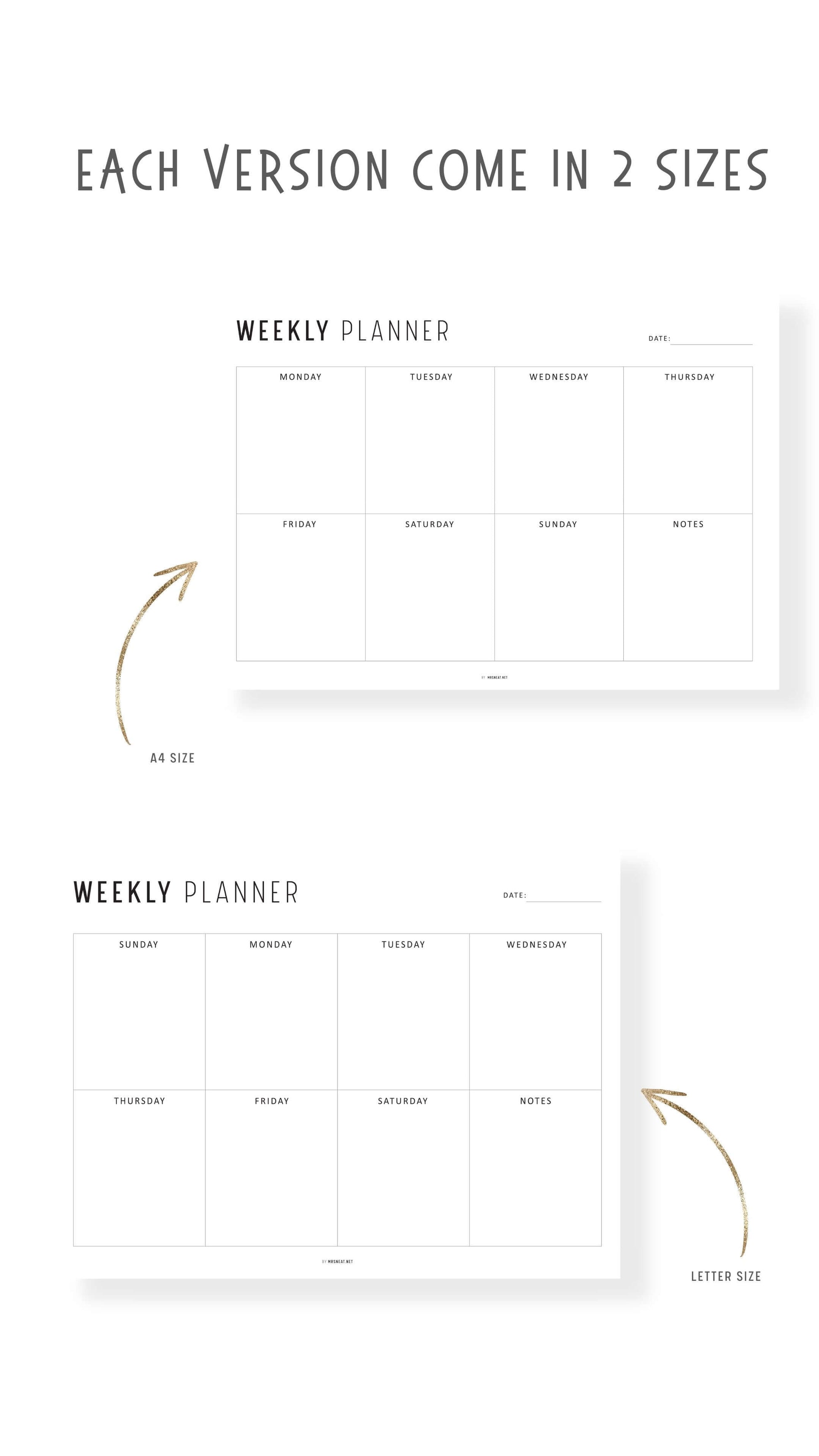 Landscape Minimalist Weekly Planner Printable, 4 Versions, A4 & Letter size, Sunday and Monday start Included, Colorful and Minimalist Style Options