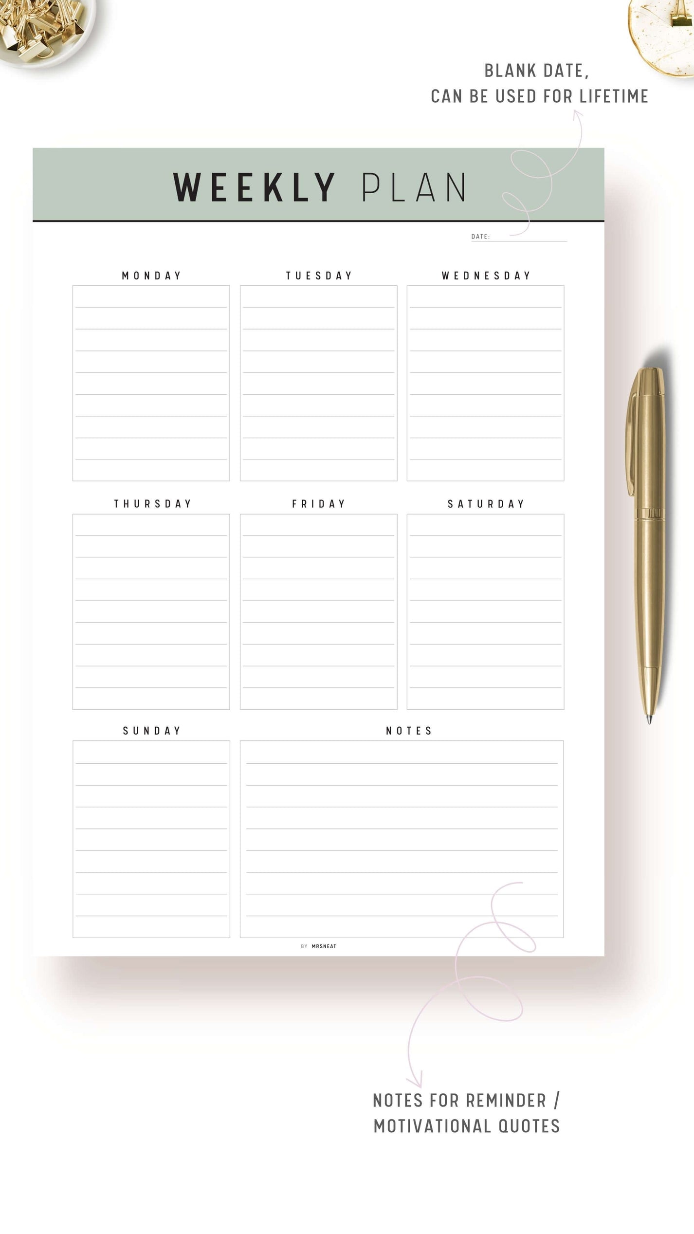 Weekly Planner Template Printable Pdf - M251 – mrsneat