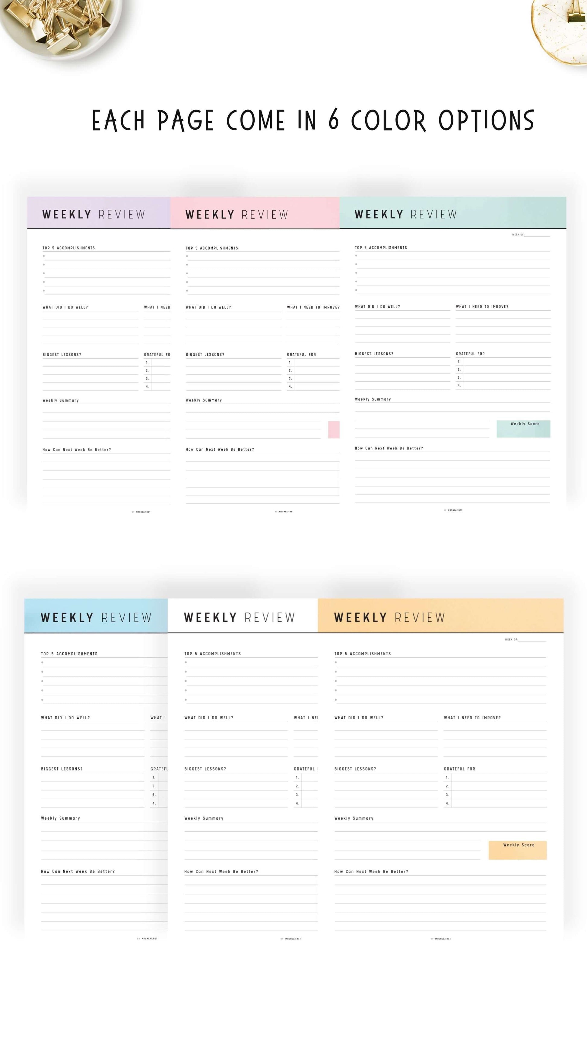 6 colors Weekly Review Template Printable