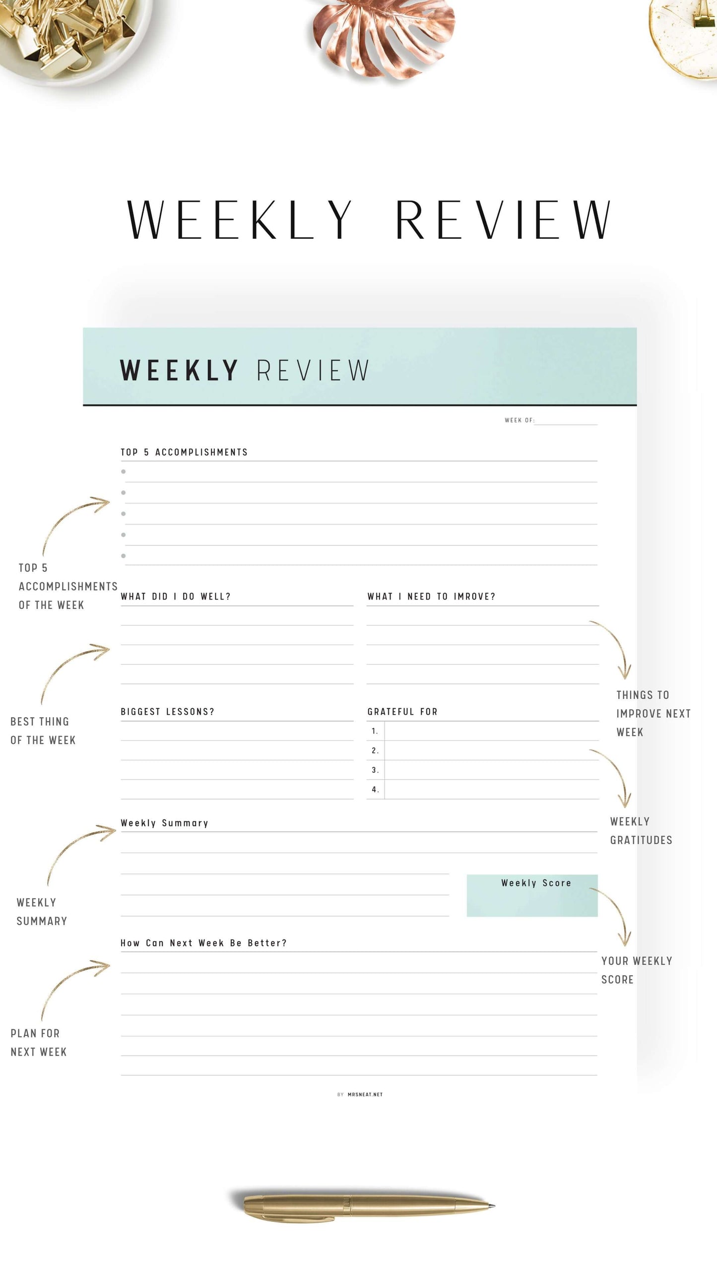 Green Weekly Review Template Printable