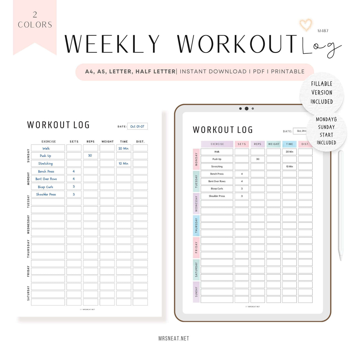 Editable Weekly Workout Log Printable - M487 – mrsneat