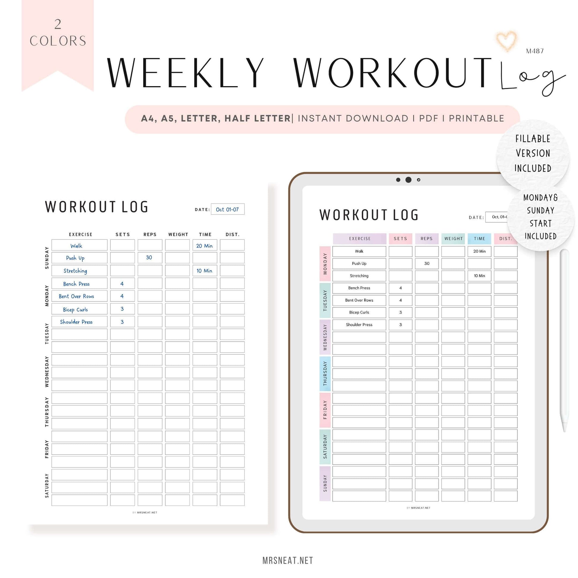 Editable Weekly Workout Log Printable