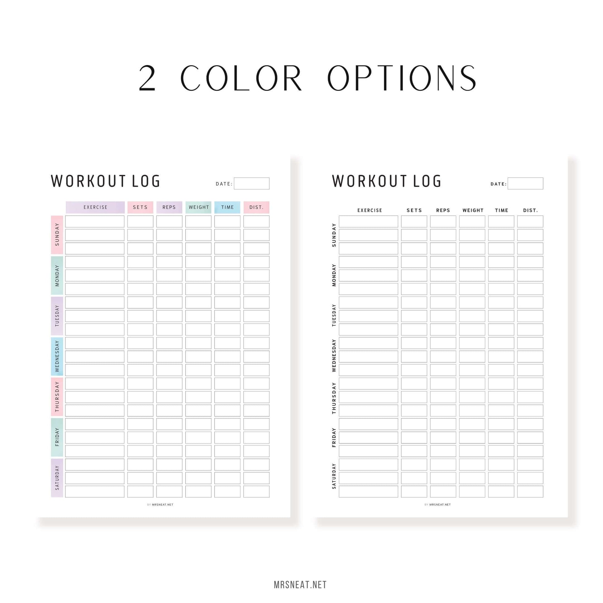 Colorful & Minimalist Editable Weekly Workout Log Printable