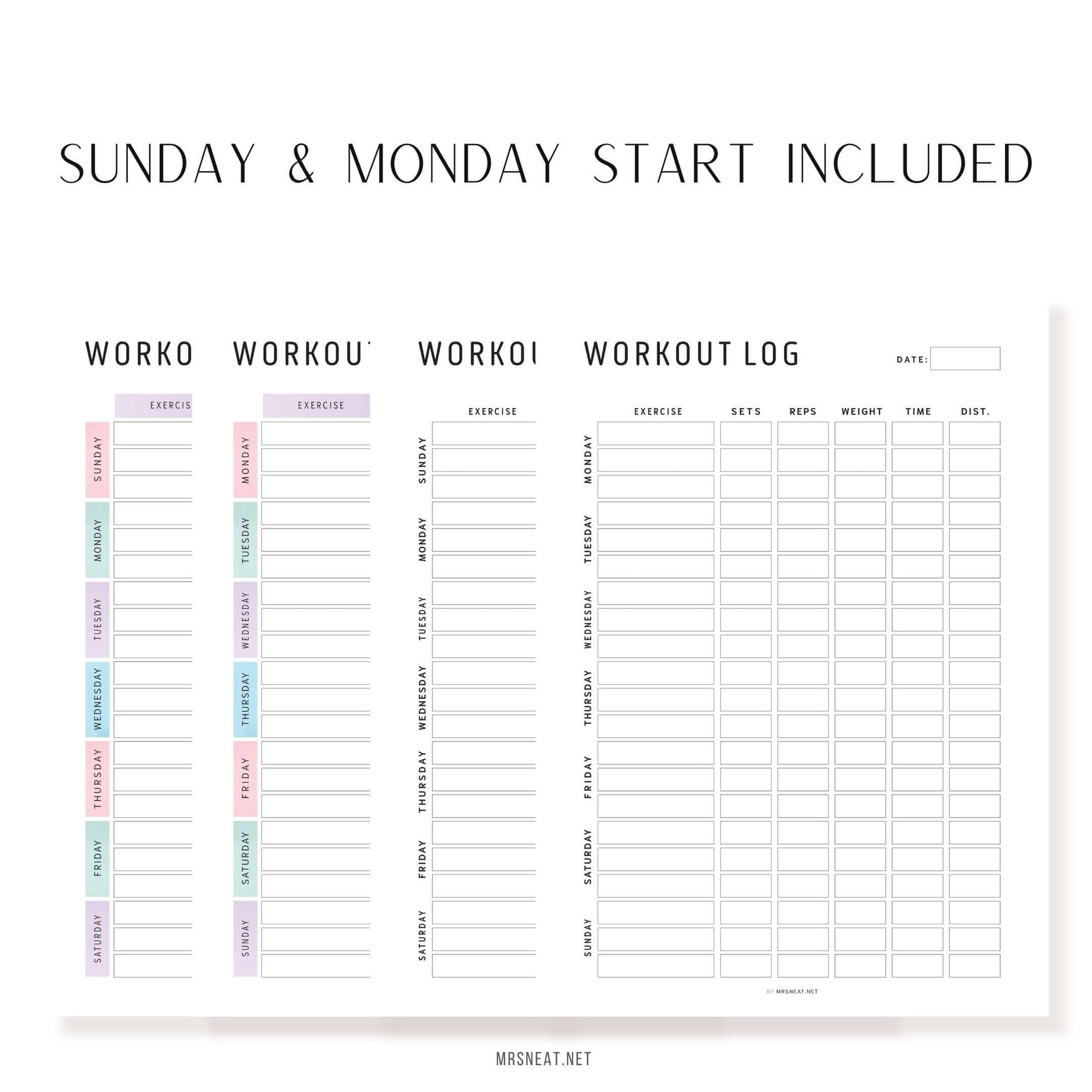 Editable Weekly Workout Log Printable with Sunday and Monday start