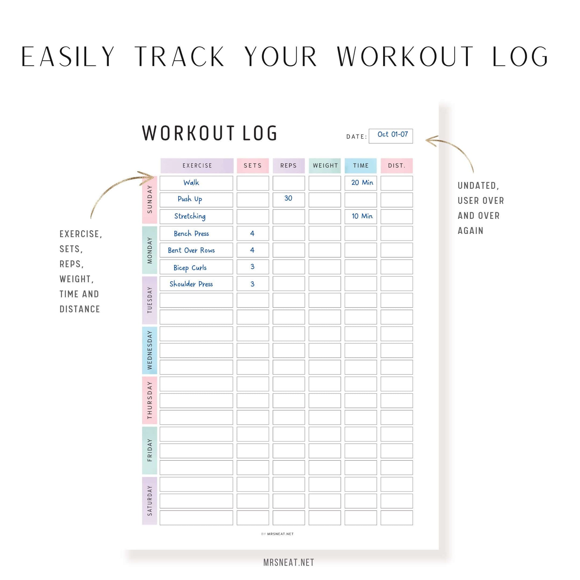 How to use Editable Weekly Workout Log Printable