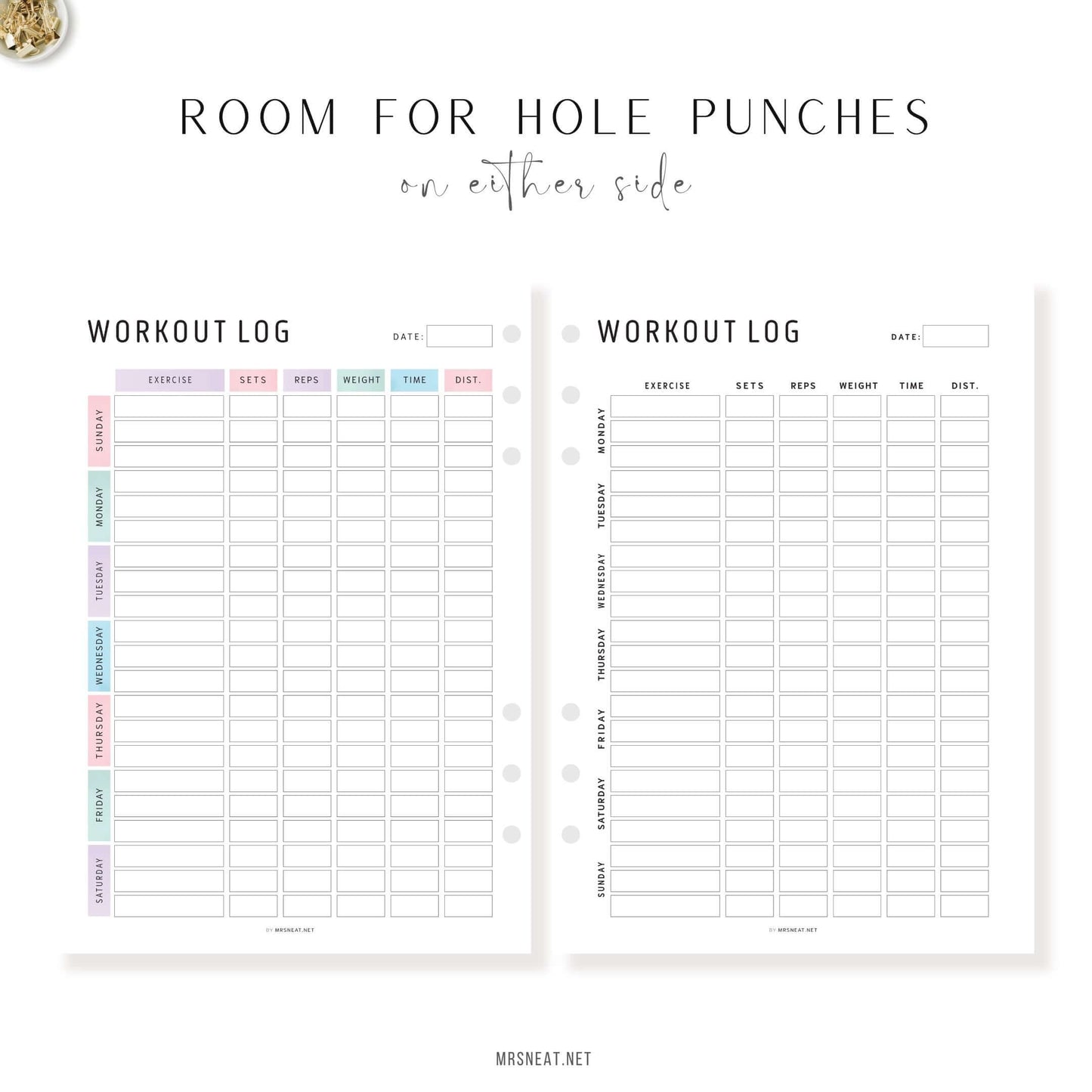 Room for hole punches Editable Weekly Workout Log Printable