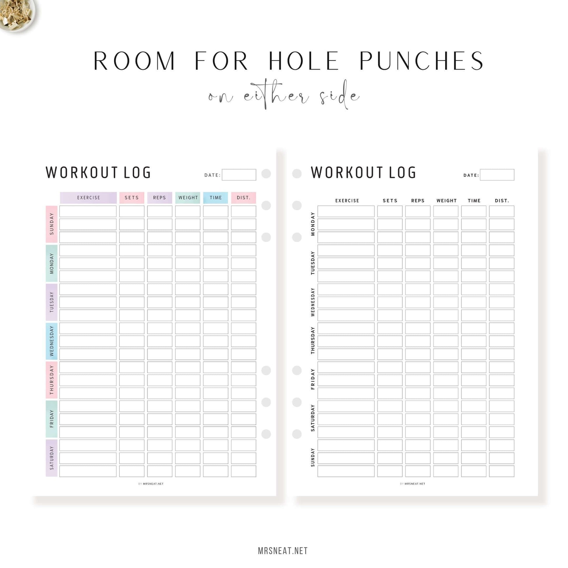 Room for hole punches Editable Weekly Workout Log Printable