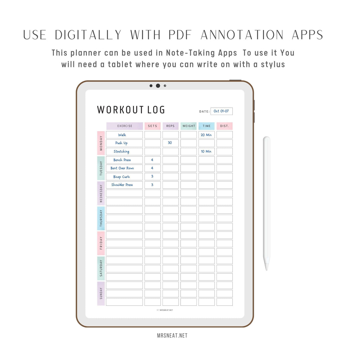 Editable Weekly Workout Log Printable - M487 – mrsneat