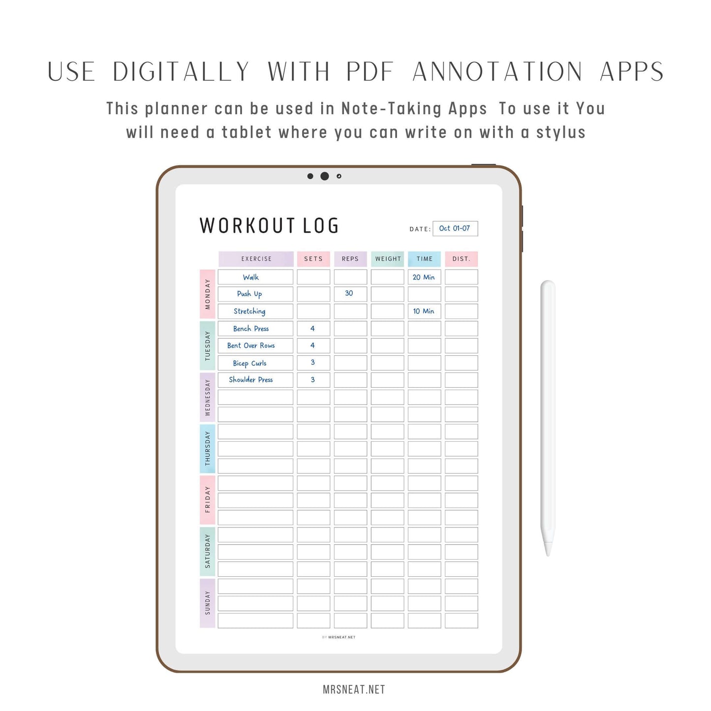 Digital Editable Weekly Workout Log