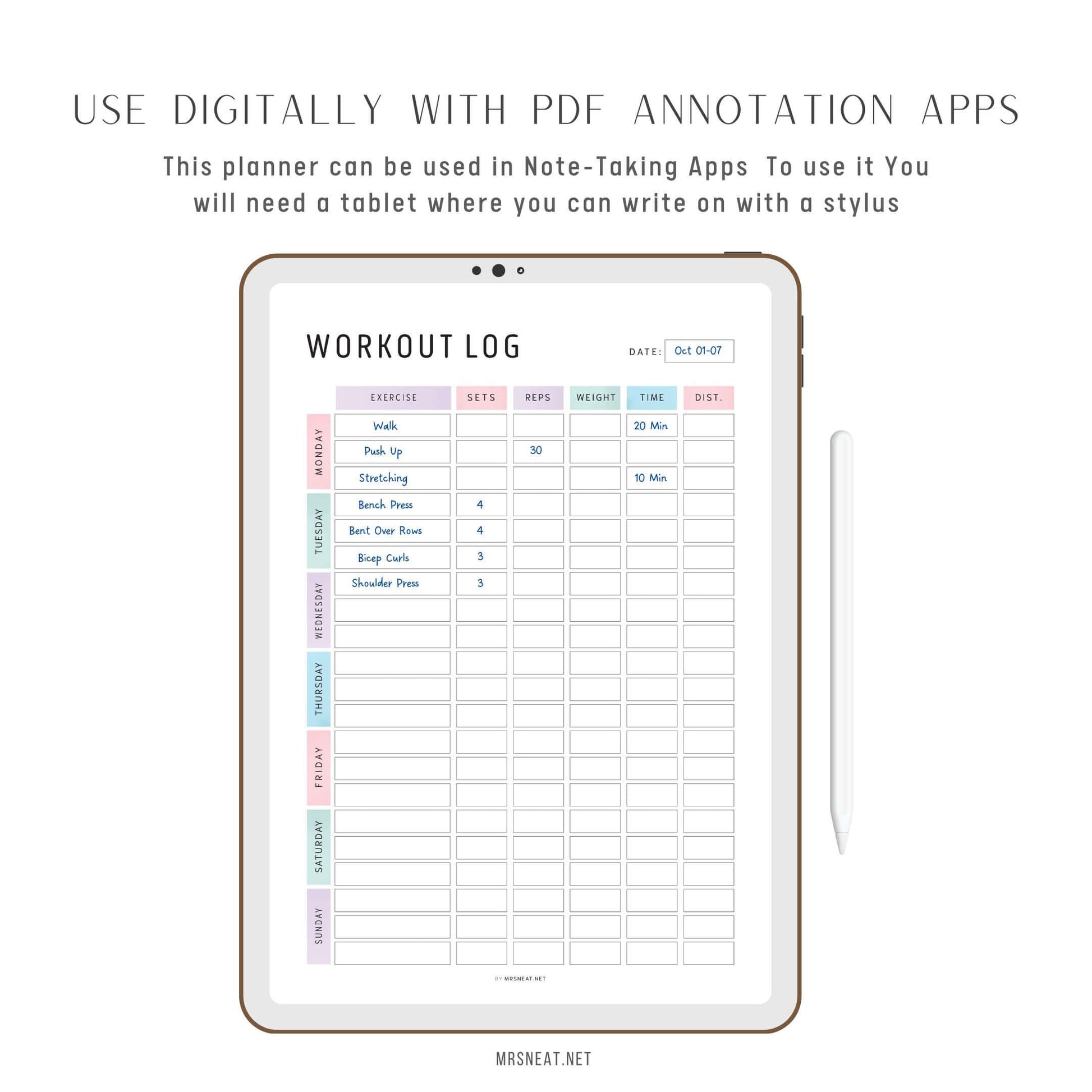 Digital Editable Weekly Workout Log