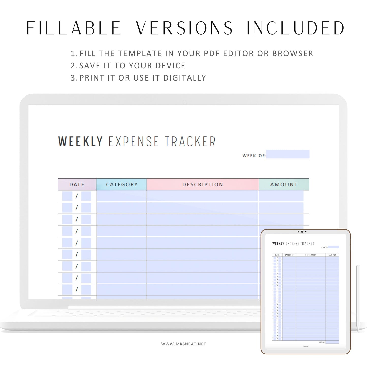 Weekly Expense Tracker, Printable, A4, A5, Half Letter, Letter, PDF, Digital Planner, 2 Colors, Instant Download