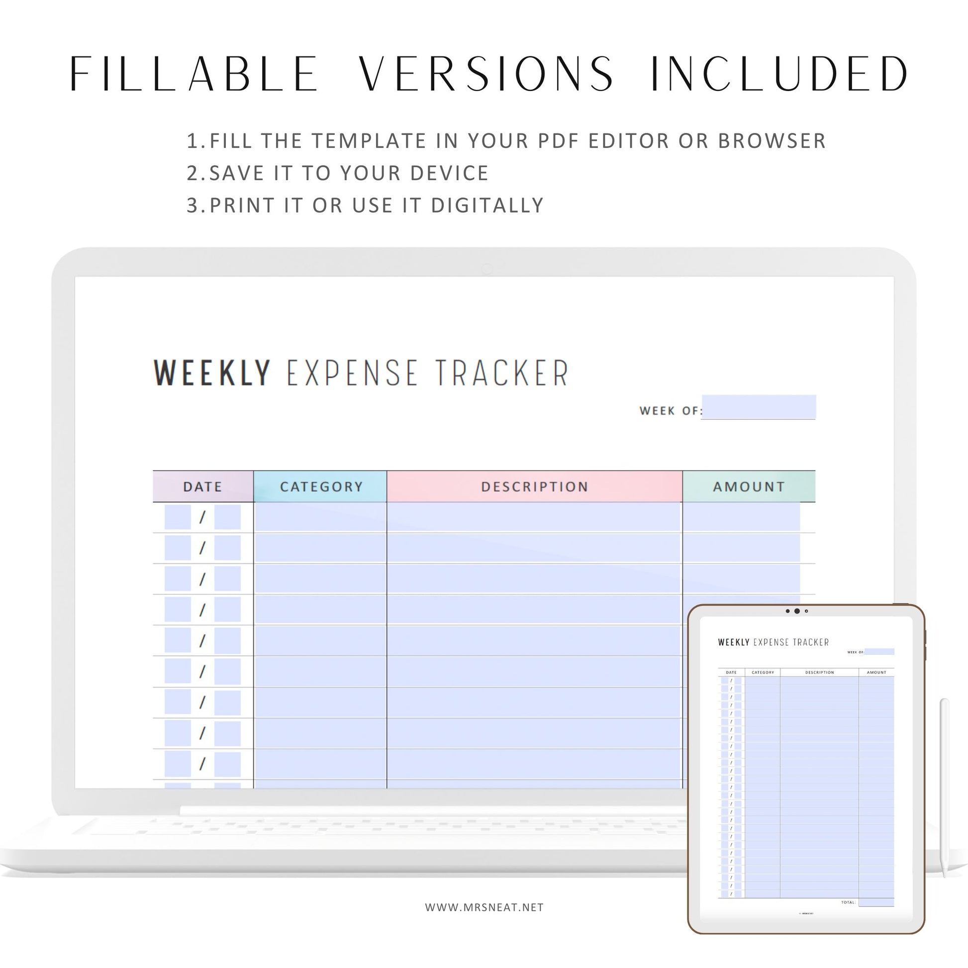 Weekly Expense Tracker, Printable, A4, A5, Half Letter, Letter, PDF, Digital Planner, 2 Colors, Instant Download