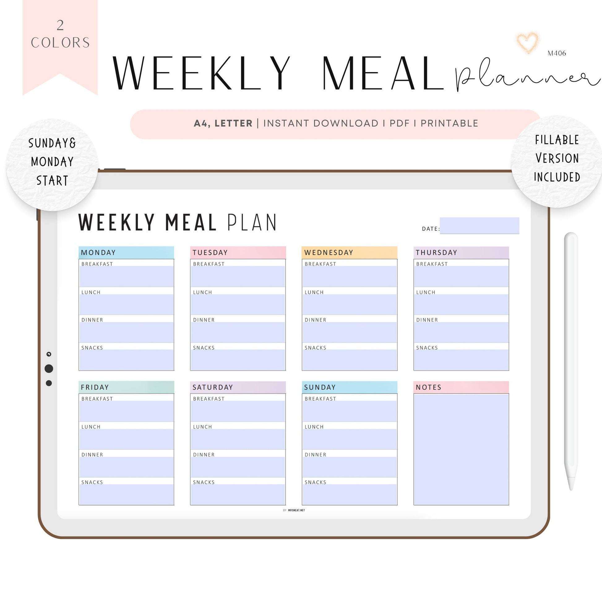 Printable Weekly Meal Planner Landscape, Colorful and Minimalist Style, A4, Letter, Sunday and Monday Start Options Included