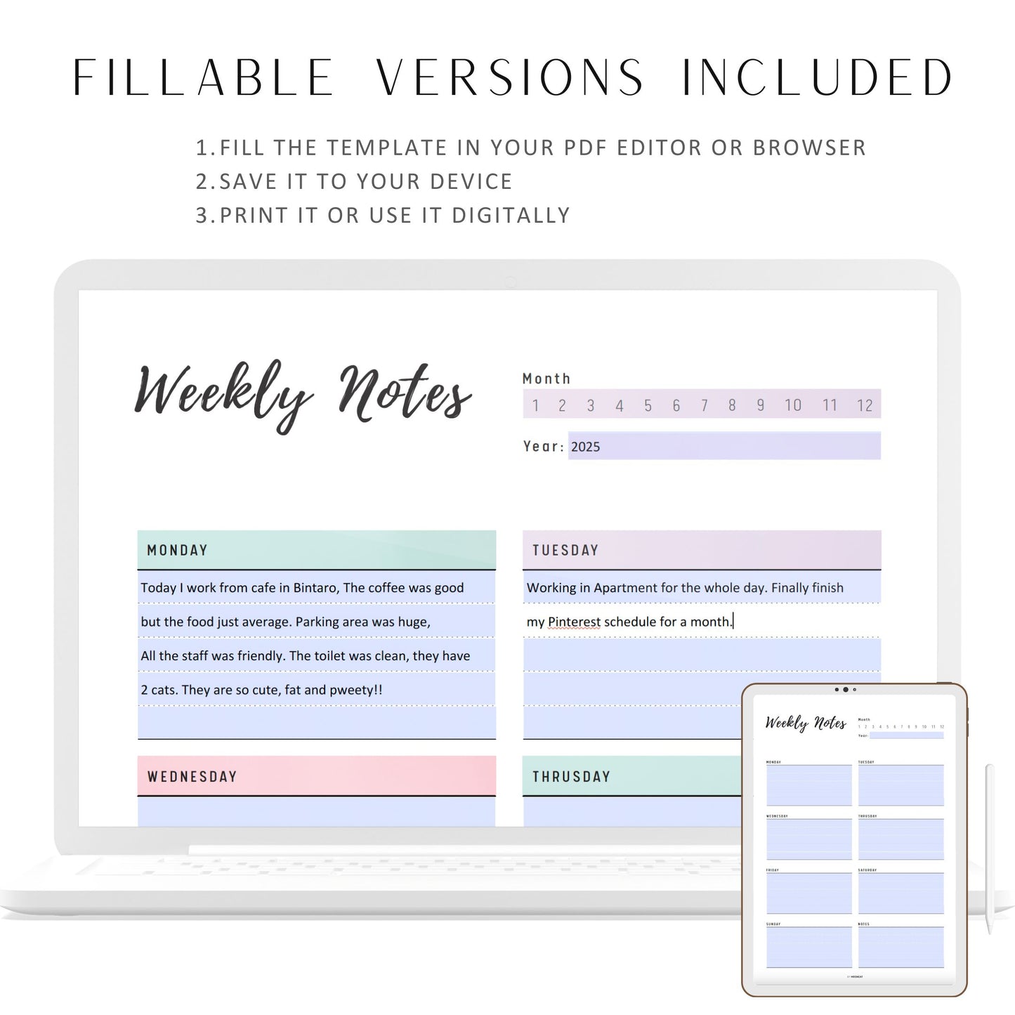 Fillable Weekly Notes Template Printable, Weekly Planner, Weekly Journal, Week at a glance, PDF, 2 Colors, A4, A5, Letter, Half Letter