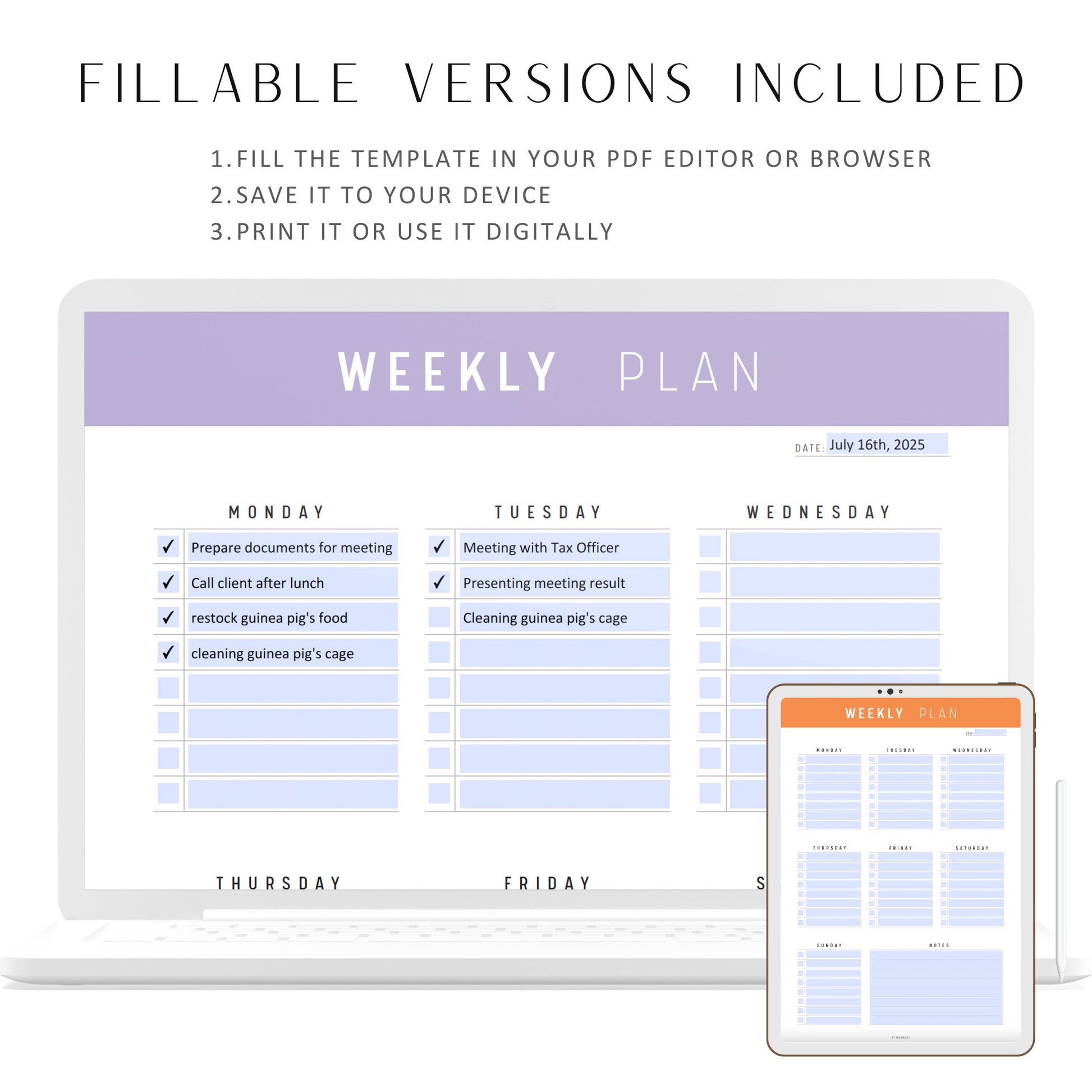 Printable Weekly Planner Template, A4, Letter, PDF Fillable, Digital Planner, Printable Planner, 10 colors