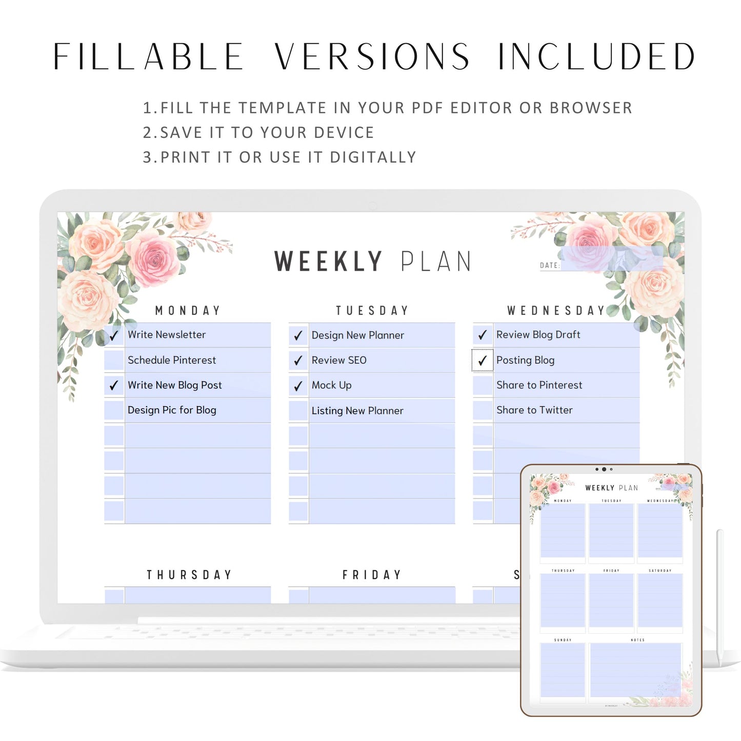 Floral Fillable Weekly Planner Printable, Weekly Schedule, Weekly Agenda, Weekly Planner Pages, 5 Versions, A4, A5, Letter, Half Letter