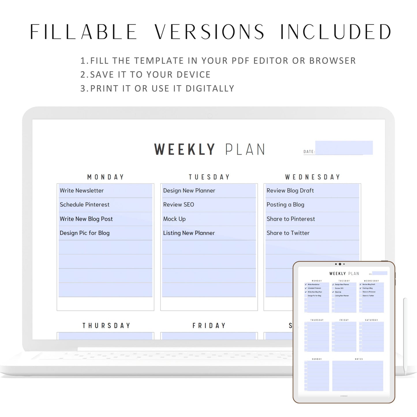 Fillable Weekly Planner Template Printable, Week at a glance, Weekly Schedule, Weekly To do list, 5 Versions, A4, A5, Letter, Half Letter