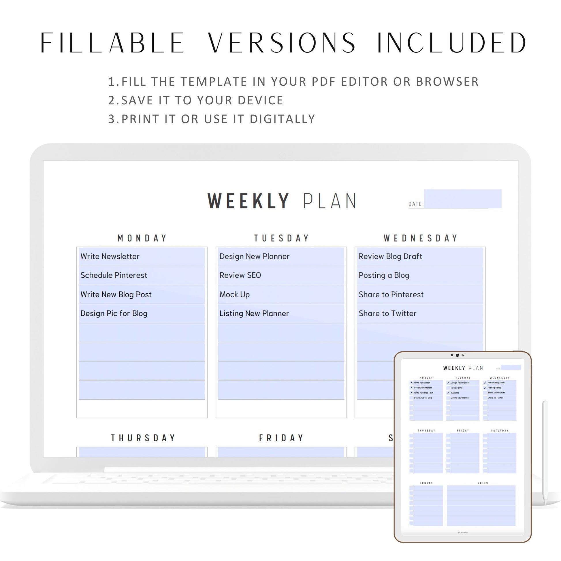 Fillable Weekly Planner Template Printable, Week at a glance, Weekly Schedule, Weekly To do list, 5 Versions, A4, A5, Letter, Half Letter