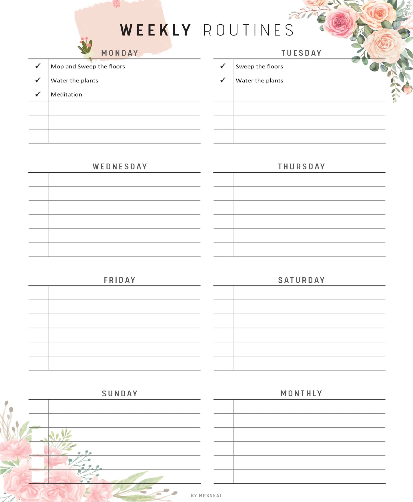 Weekly routines planner with floral designs on a white background
