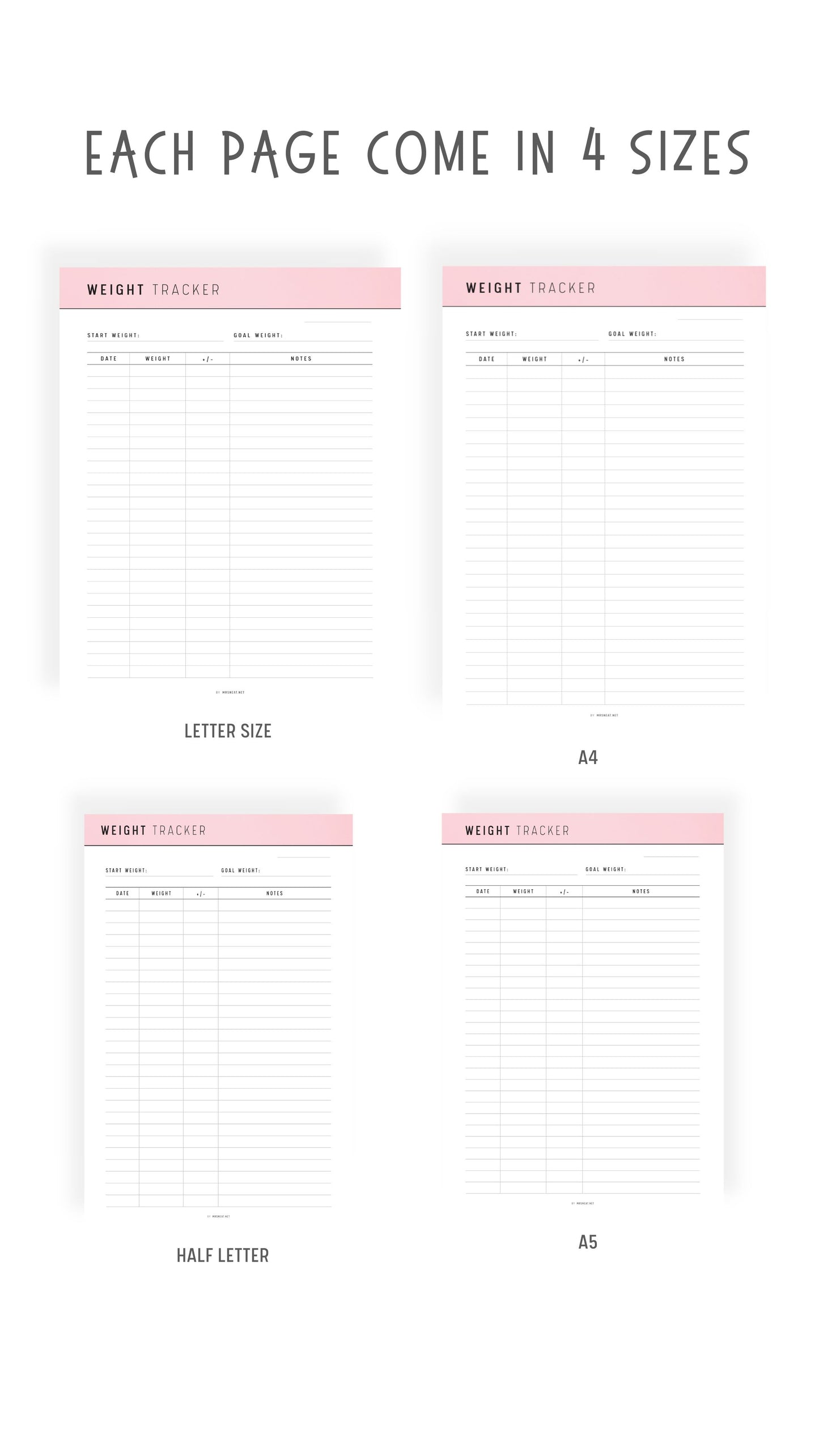 A4, A5, Letter, Half Letter Weight Loss Tracker Printable