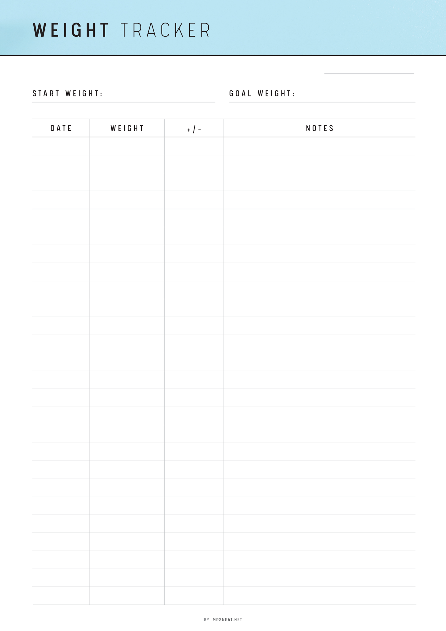 Weight tracker sheet with columns for start weight, goal weight, date, weight, and notes on a light blue background.