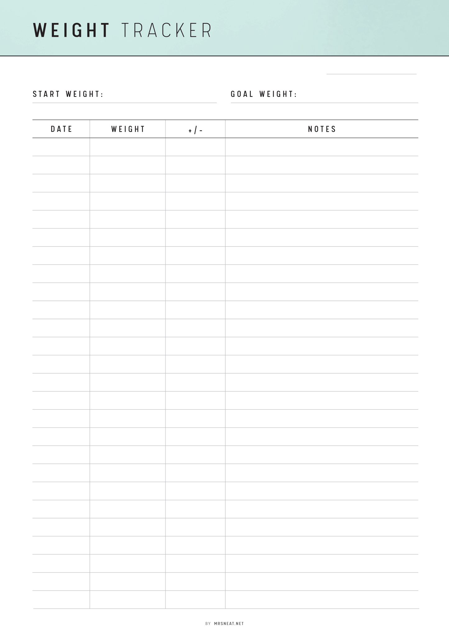 Weight tracker sheet with columns for start weight, goal weight, date, weight, and notes on a light blue background.