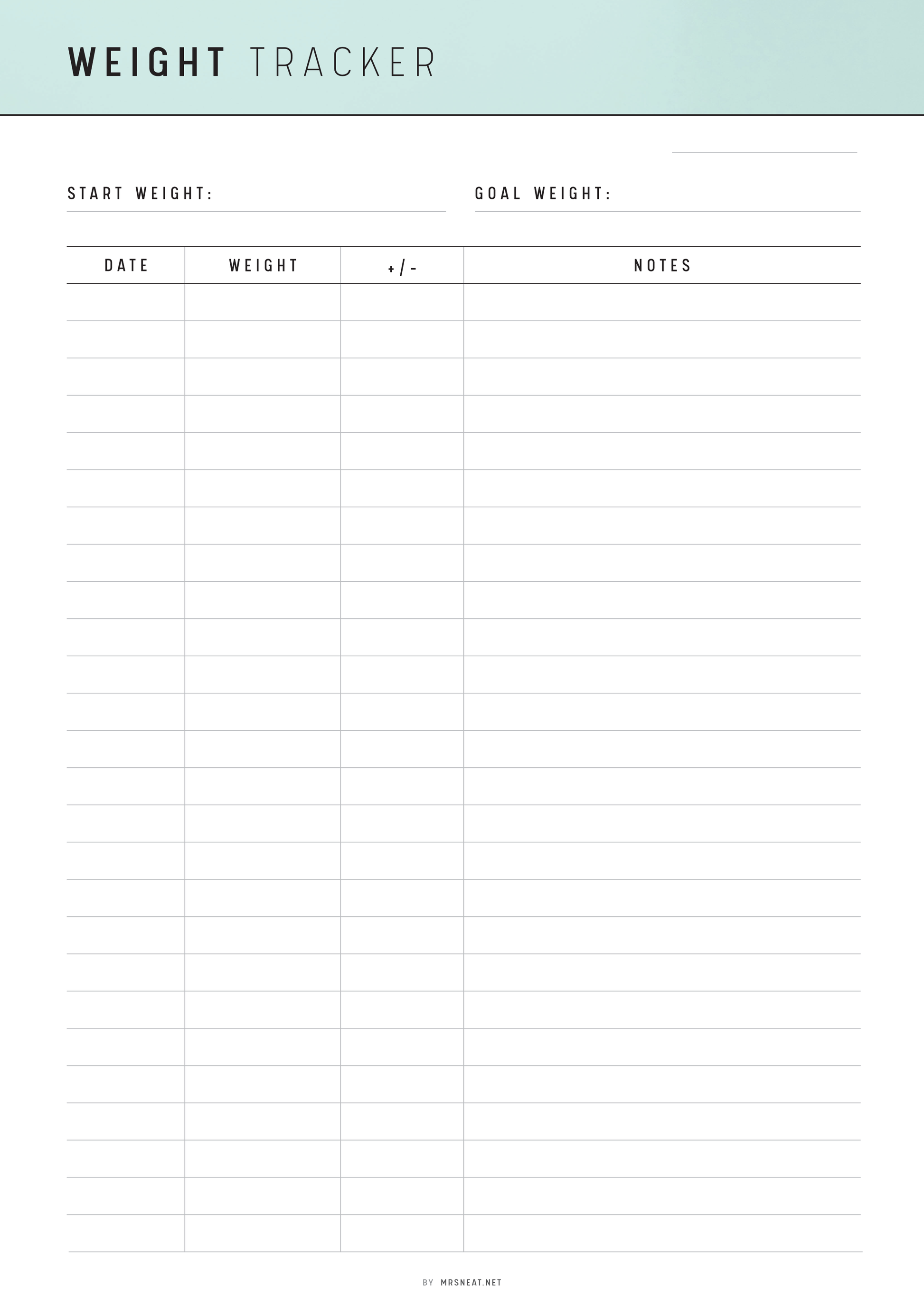 Weight tracker sheet with columns for start weight, goal weight, date, weight, and notes on a light blue background.