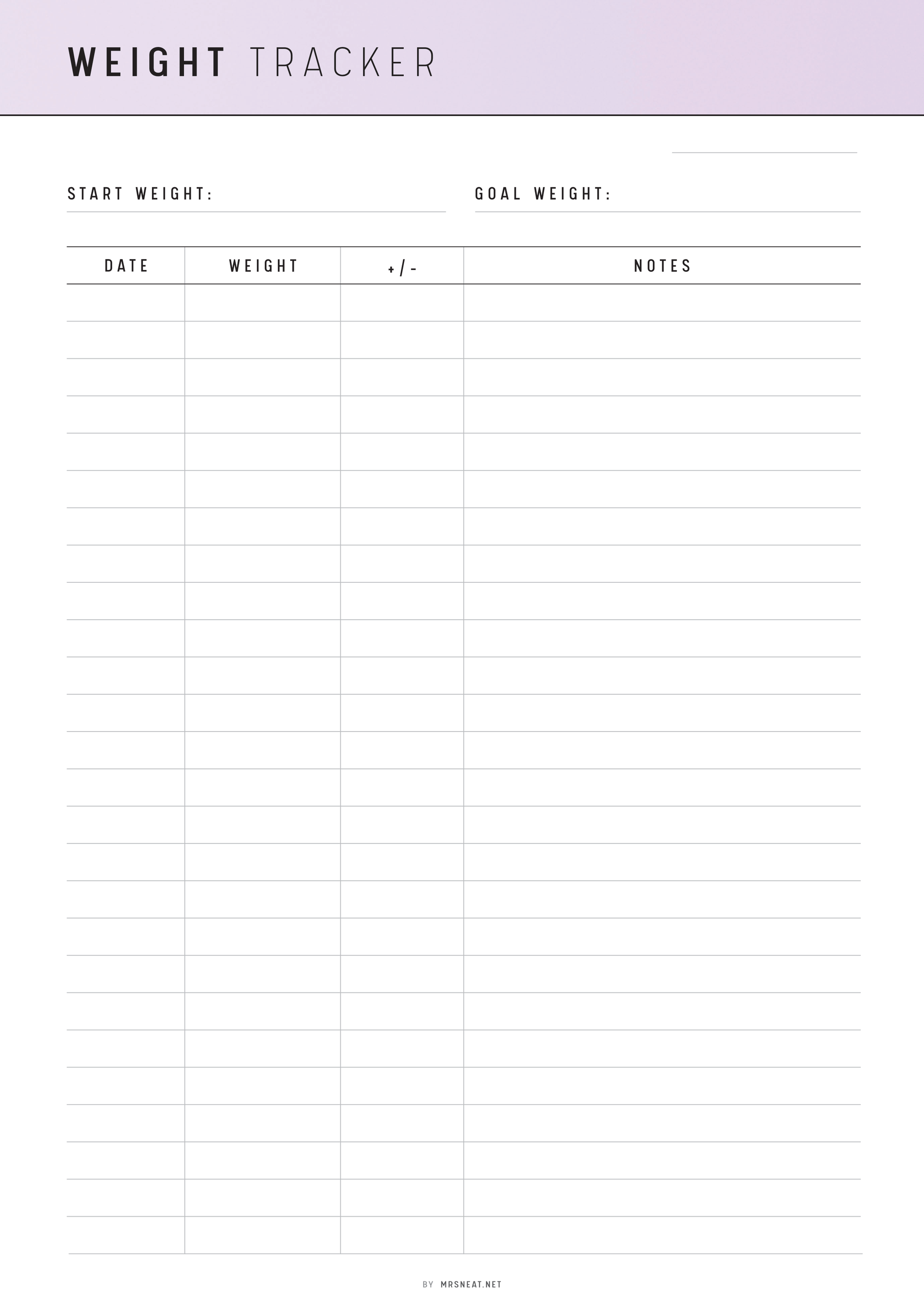 Weight tracker sheet with columns for start weight, goal weight, date, weight, and notes on a light purple background.