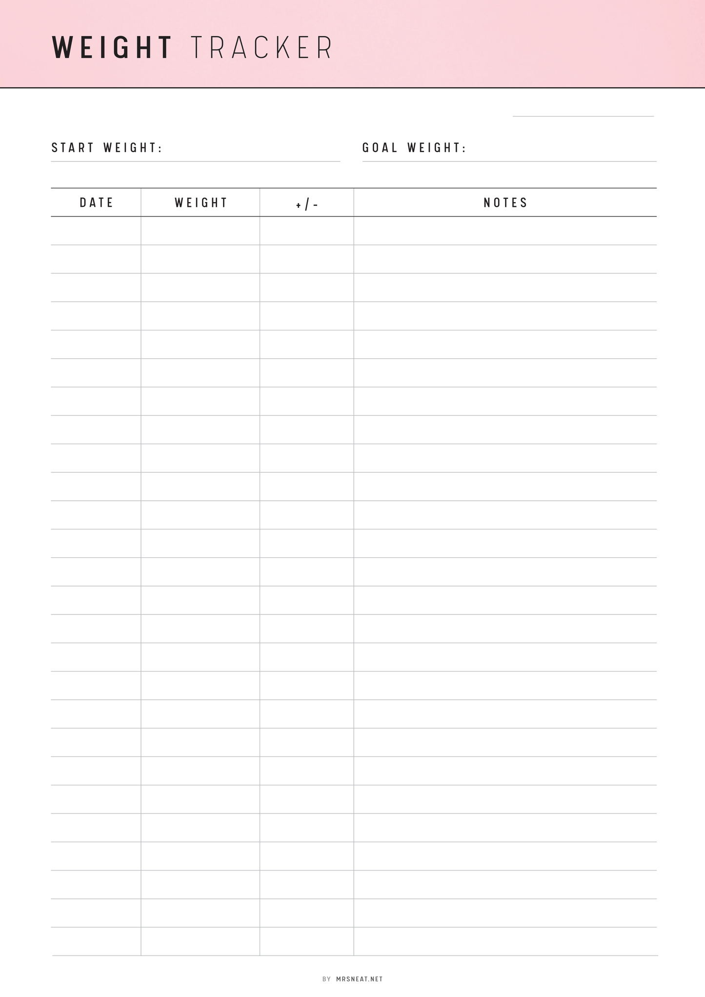 Weight tracker sheet with a pink header on a white background