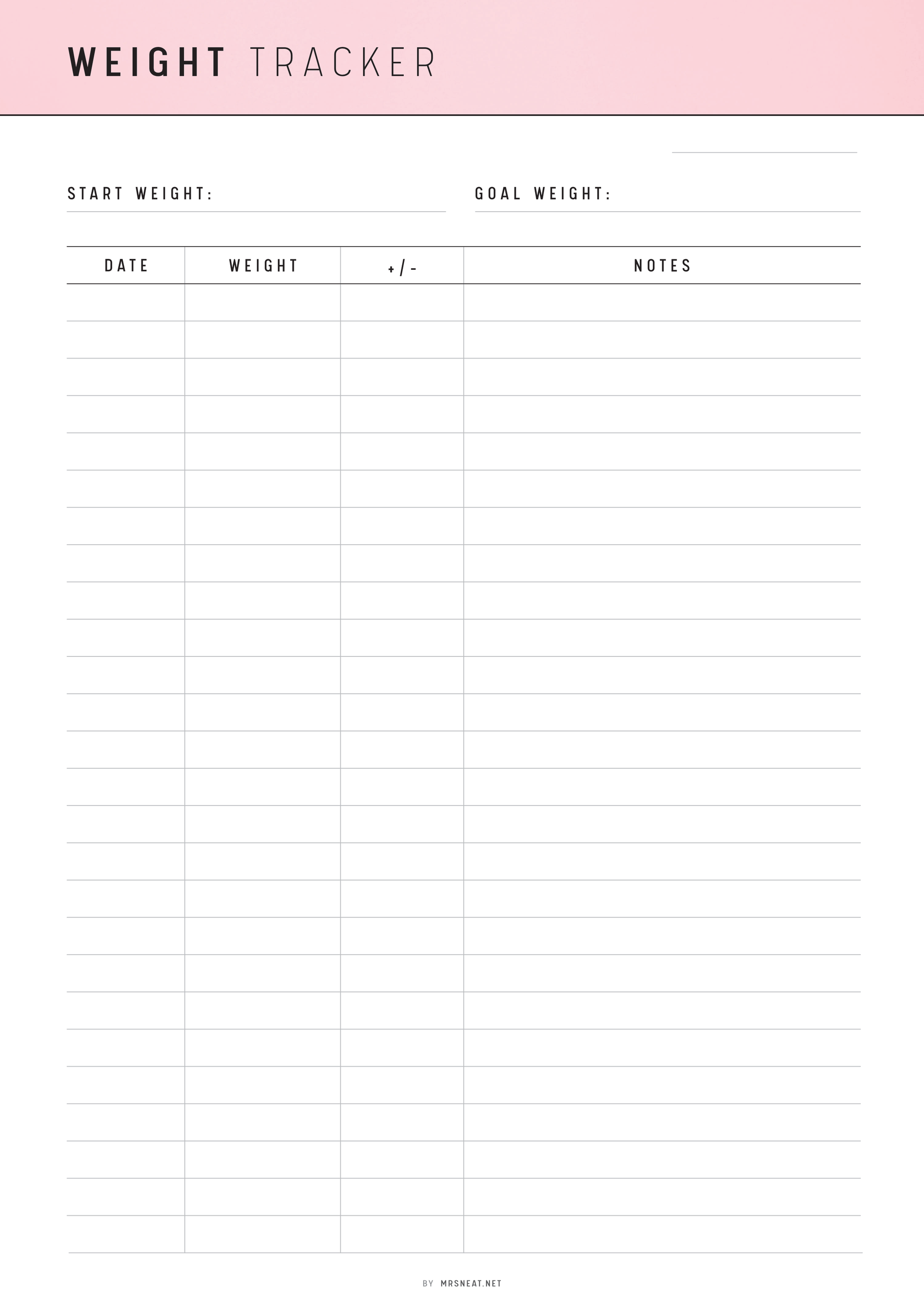 Weight tracker sheet with a pink header on a white background