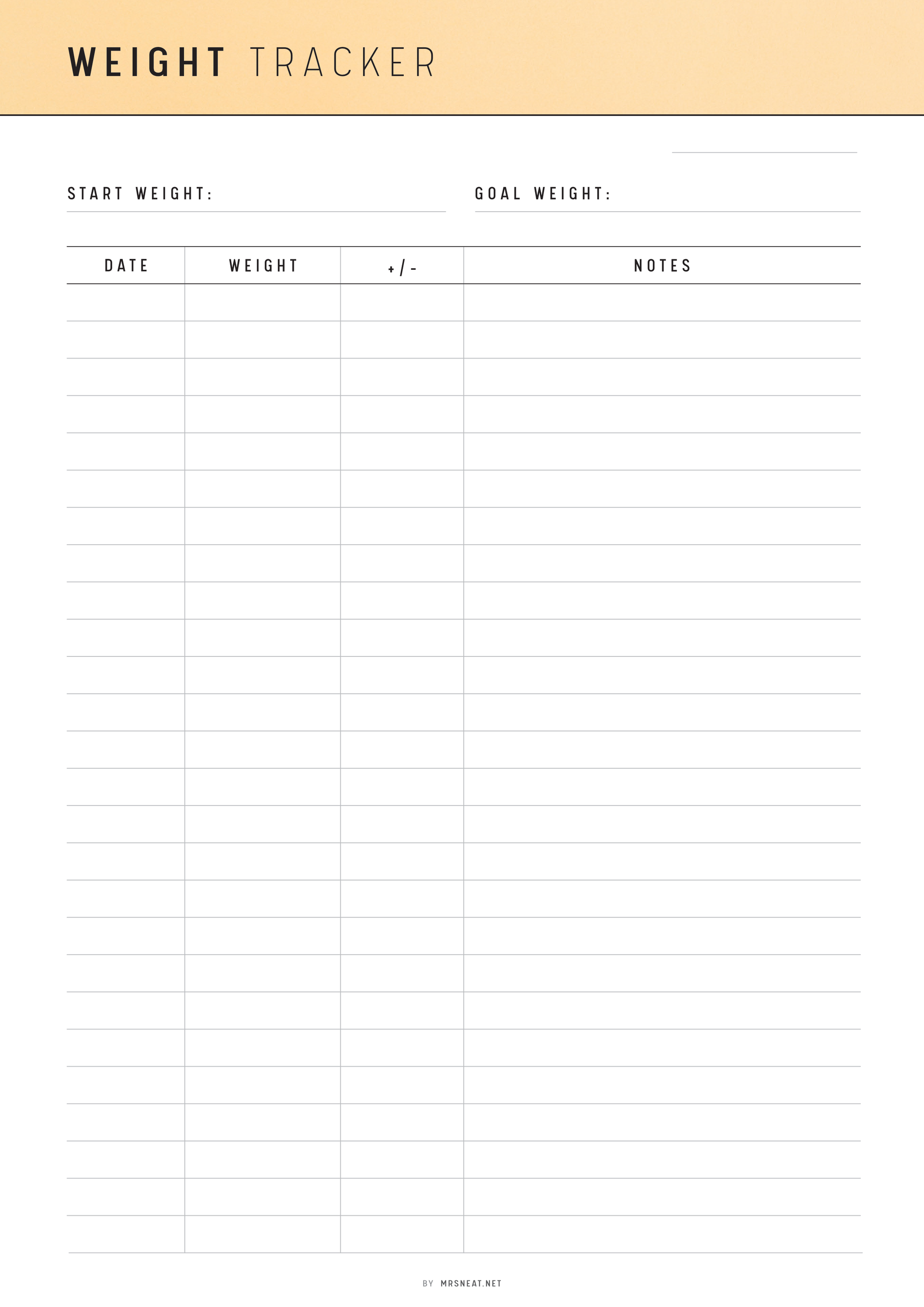 Weight tracker sheet with beige border and grid layout