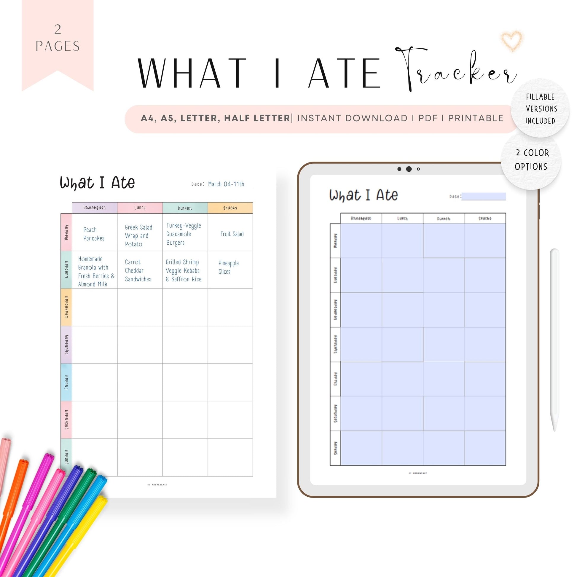 Food Journal Template Printable, A4, A5, Letter, Half Letter, 2 color options, fillable versions, printable inserts