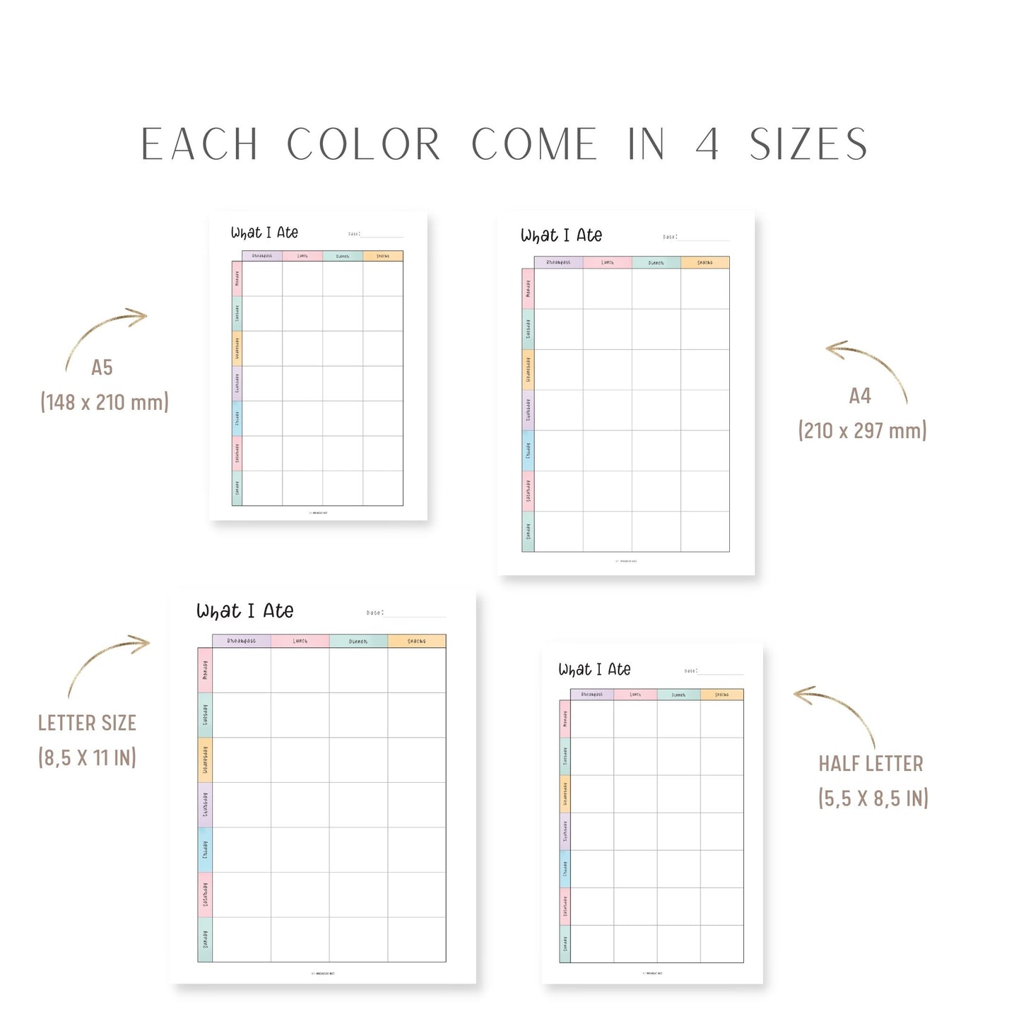 A4, A5, Letter, Half Letter Food Diary Tracker Template Printable Inserts