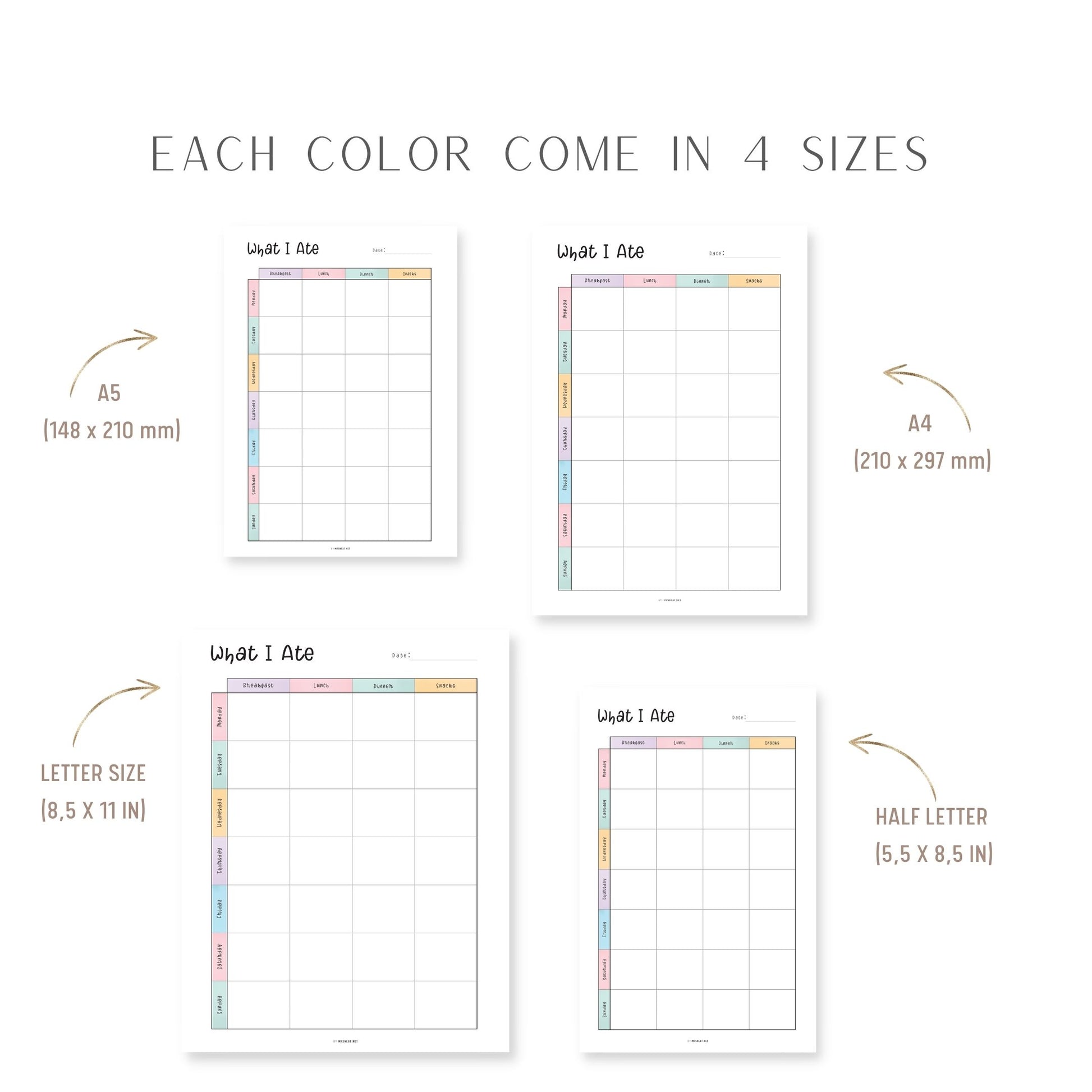 A4, A5, Letter, Half Letter Food Diary Tracker Template Printable Inserts