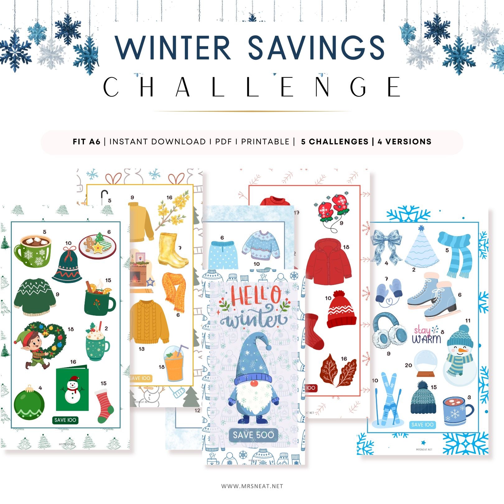 Winter Savings Challenge product with various winter-themed designs on a white background.
