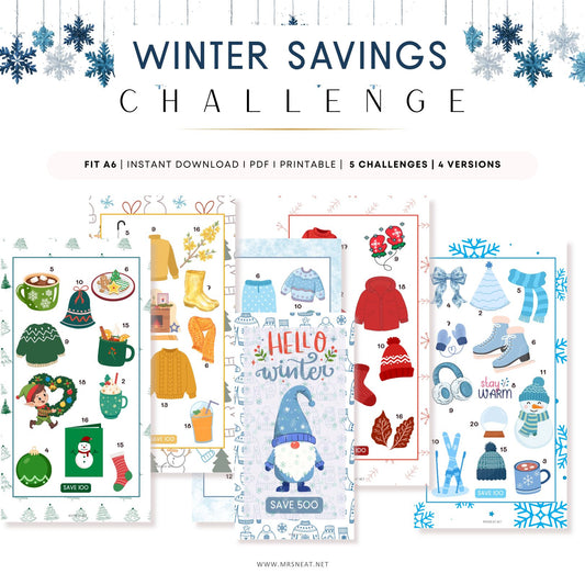 Winter Savings Challenge product with various winter-themed designs on a white background.