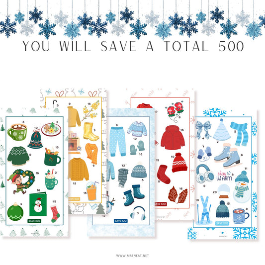 Set of winter-themed stickers with snowflakes at the top, displayed on a white background.