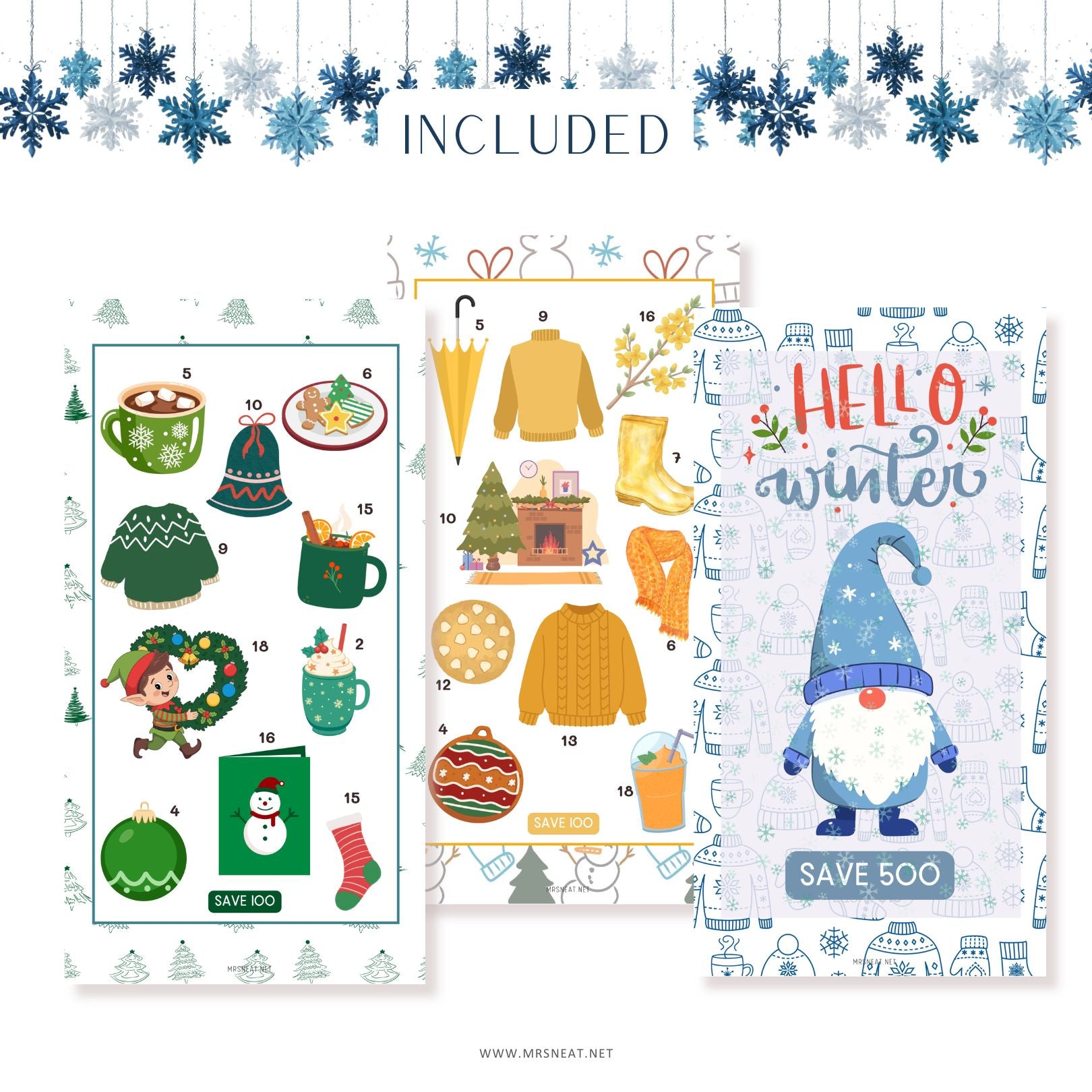 Winter Savings Challenge, A6, Printable, Colorful, Cute, 5 Challenges, Winter Theme, Total Save 500, Budget Tracker, Savings Tracker, Cash Stuffing, Tiny Mini Savings Challenge, Kawaii Savings Challenge, Low Income Savings Challenge, Low income budget tracker, Printable, Digital Download