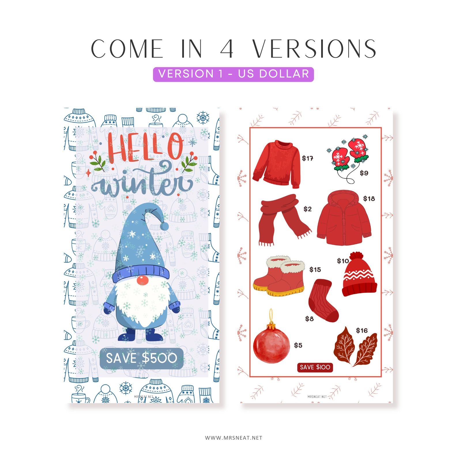 Winter Savings Challenge, A6, Printable, Colorful, Cute, 5 Challenges, Winter Theme, Total Save 500, Budget Tracker, Savings Tracker, Cash Stuffing, Tiny Mini Savings Challenge, Kawaii Savings Challenge, Low Income Savings Challenge, Low income budget tracker, Printable, Digital Download, 4 versions, EURO USD POUND BLANK