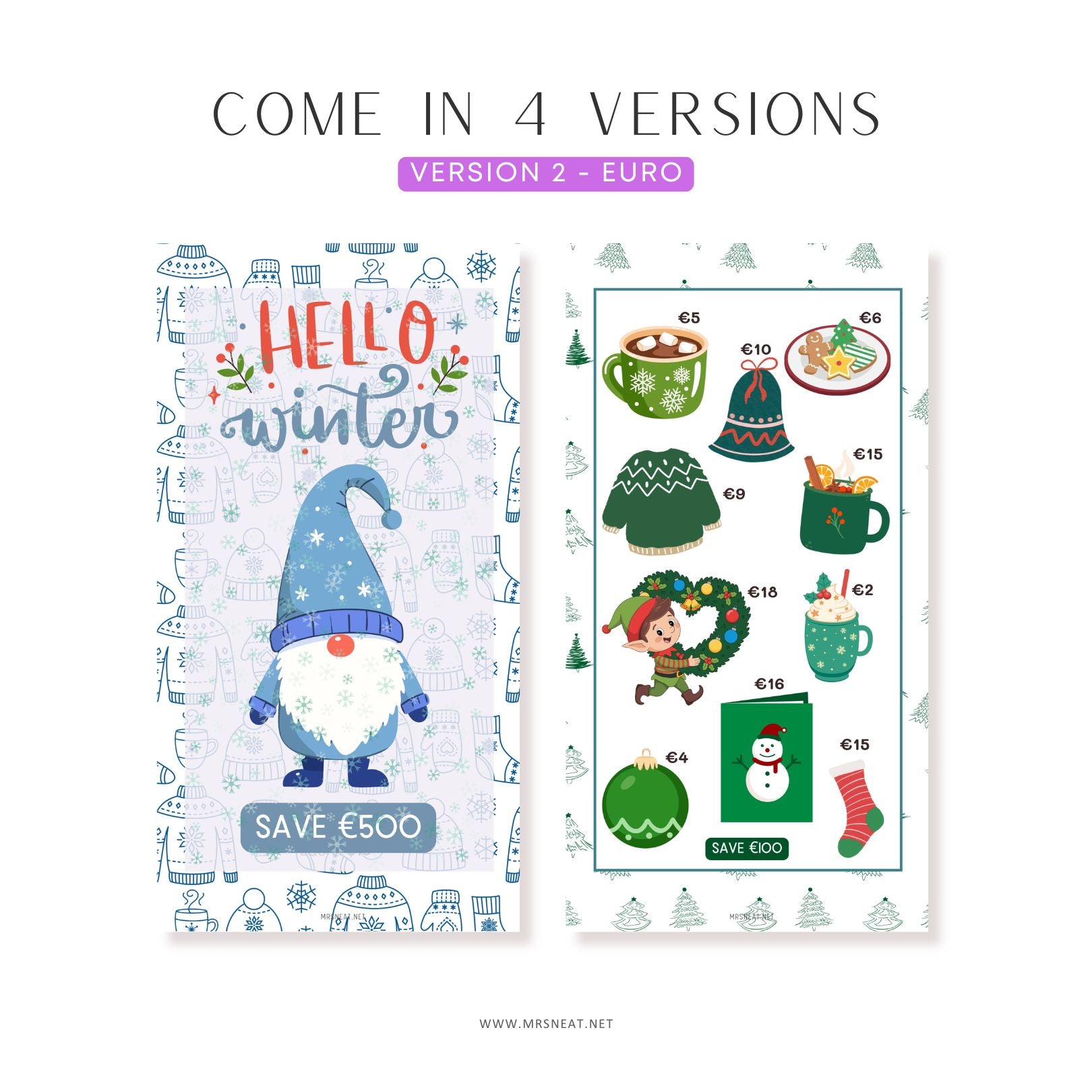 Winter Savings Challenge, A6, Printable, Colorful, Cute, 5 Challenges, Winter Theme, Total Save 500, Budget Tracker, Savings Tracker, Cash Stuffing, Tiny Mini Savings Challenge, Kawaii Savings Challenge, Low Income Savings Challenge, Low income budget tracker, Printable, Digital Download, 4 versions, EURO USD POUND BLANK