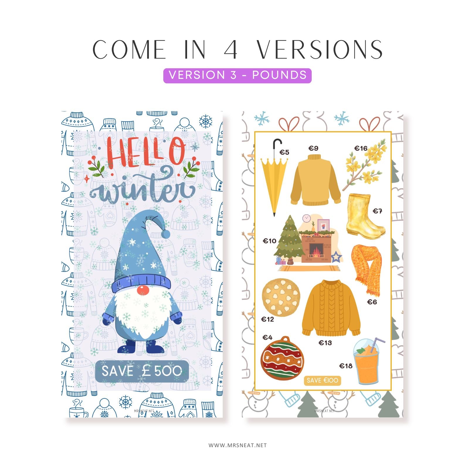 Winter Savings Challenge, A6, Printable, Colorful, Cute, 5 Challenges, Winter Theme, Total Save 500, Budget Tracker, Savings Tracker, Cash Stuffing, Tiny Mini Savings Challenge, Kawaii Savings Challenge, Low Income Savings Challenge, Low income budget tracker, Printable, Digital Download, 4 versions, EURO USD POUND BLANK