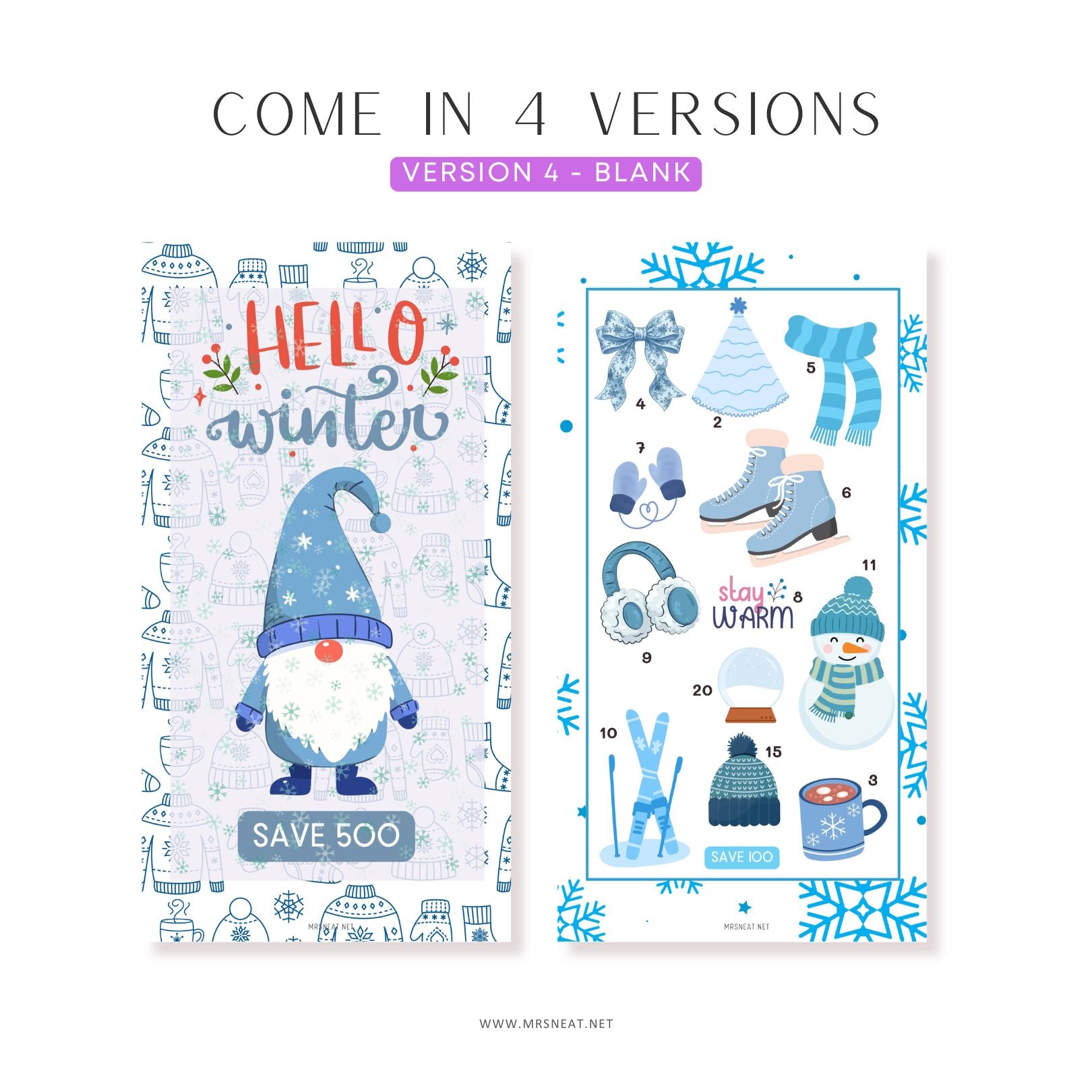 Winter Savings Challenge, A6, Printable, Colorful, Cute, 5 Challenges, Winter Theme, Total Save 500, Budget Tracker, Savings Tracker, Cash Stuffing, Tiny Mini Savings Challenge, Kawaii Savings Challenge, Low Income Savings Challenge, Low income budget tracker, Printable, Digital Download, 4 versions, EURO USD POUND BLANK
