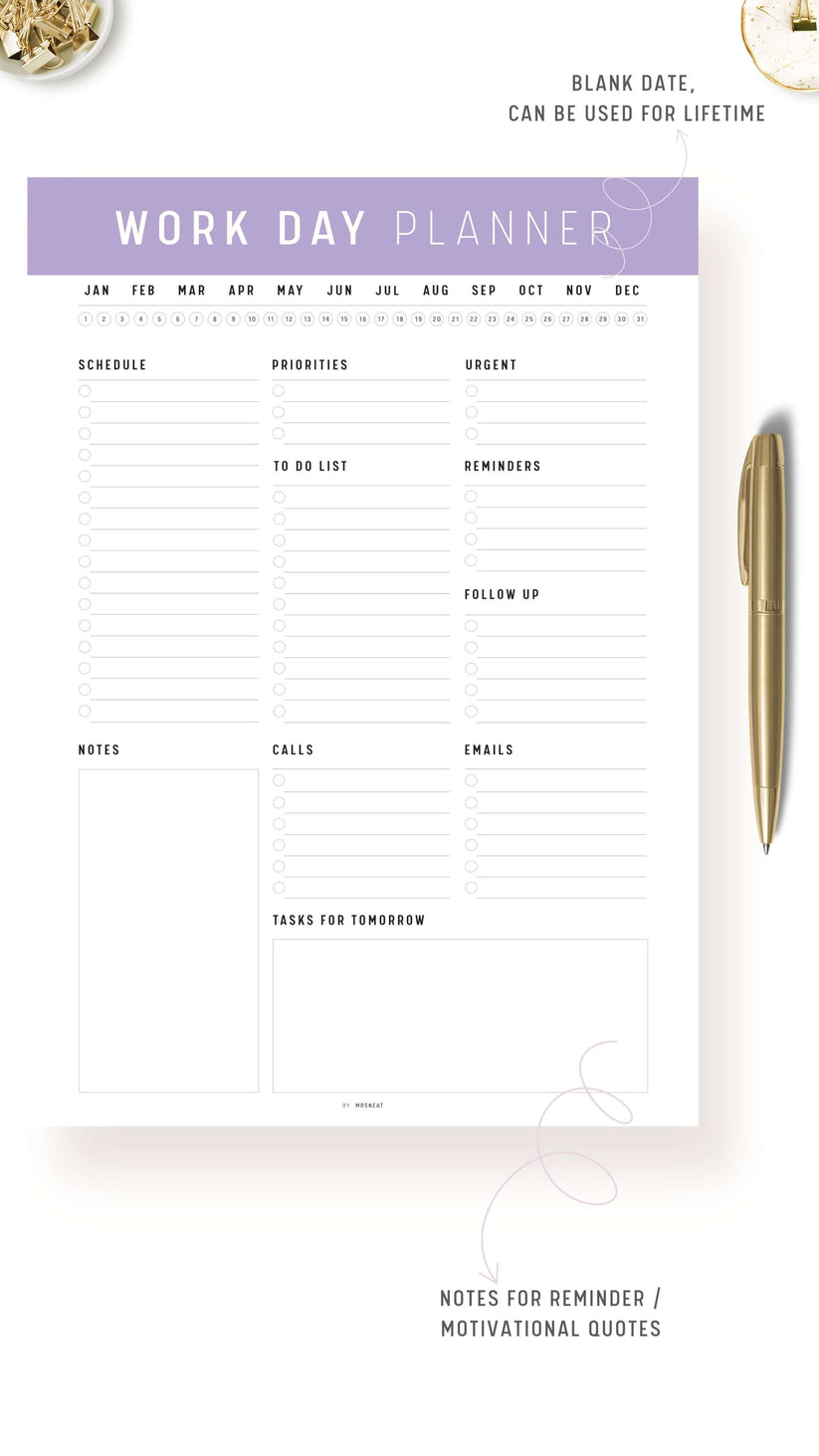 Printable work day planner template mrsneat