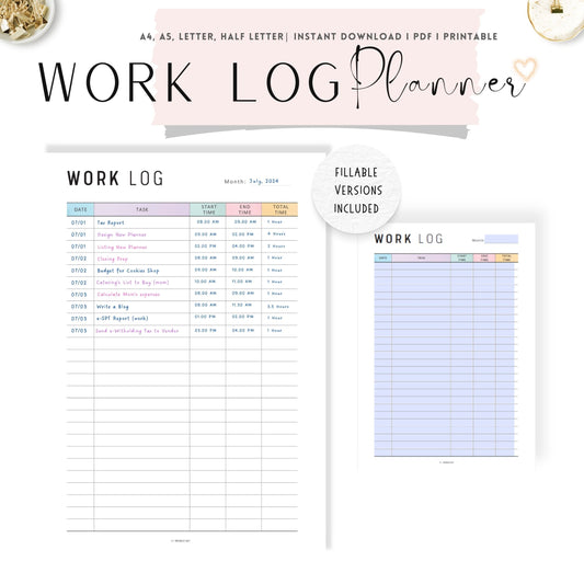 Printable Work Log Template, A4, A5, Letter, Half Letter, Printable Inserts, Fillable Planner, Colorful Page
