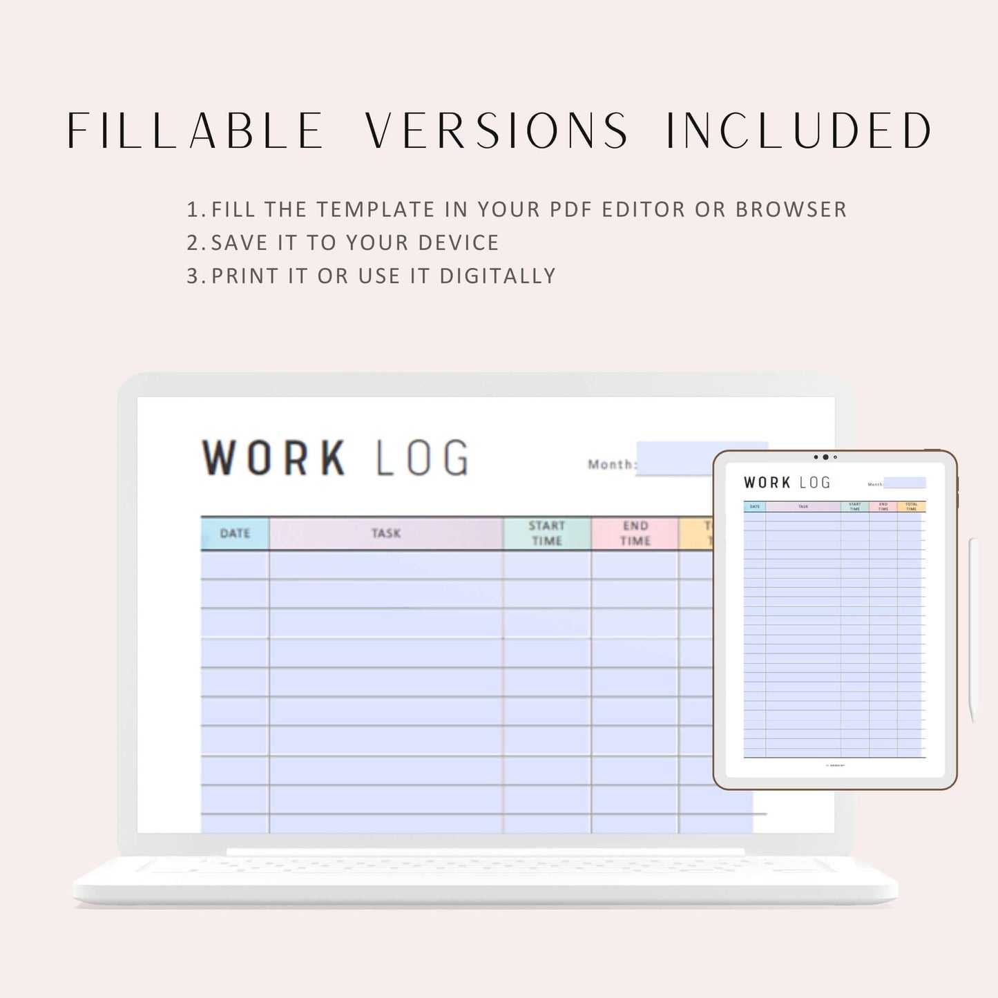 Printable Work Log Template, A4, A5, Letter, Half Letter, Printable Inserts, Fillable Planner, Colorful Page